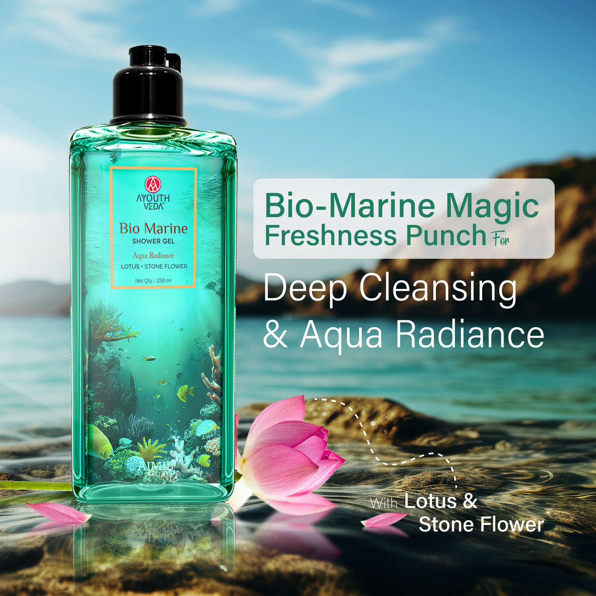 Ayouthveda Bio Marine Shower Gel for Men & Women | Enriched with Lotus, Stone Flower & Water Chestnut | Detoxifies, Moisturizes & Rejuvenates | (250 ml)