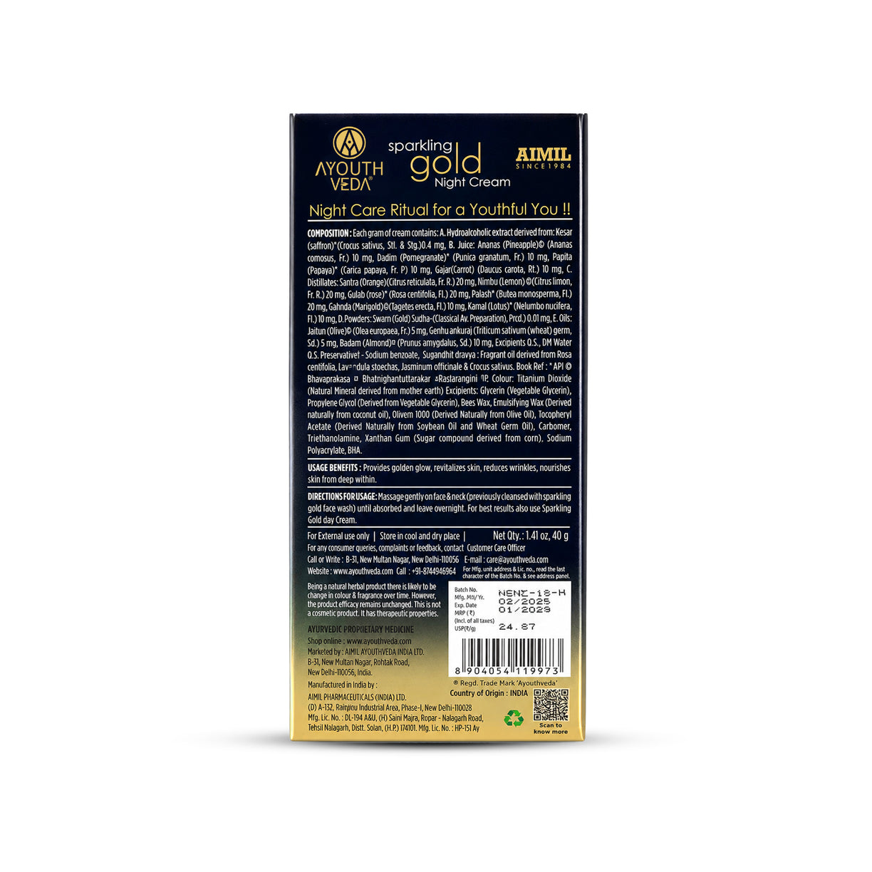 Ayouthveda Sparkling Gold Night Cream | 24K Nano Gold & Kashmiri Saffron | Reduces Fine Lines, Wrinkles & Dark Spots | Restores Skin Firmness & Elasticity | Overnight Anti-Ageing Face Cream | 40g