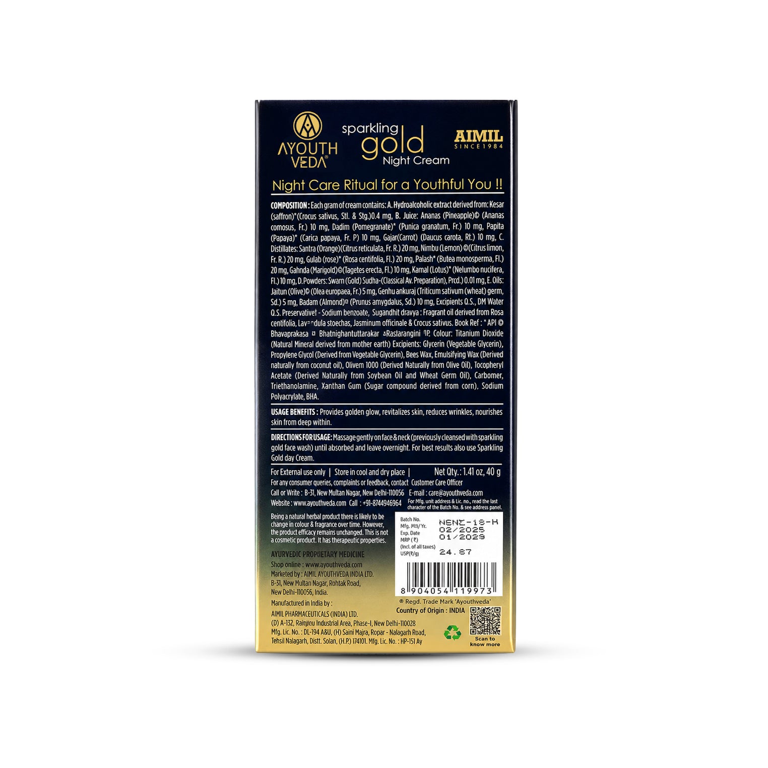 Ayouthveda Sparkling Gold Night Cream | 24K Nano Gold & Kashmiri Saffron | Reduces Fine Lines, Wrinkles & Dark Spots | Restores Skin Firmness & Elasticity | Overnight Anti-Ageing Face Cream | 40g