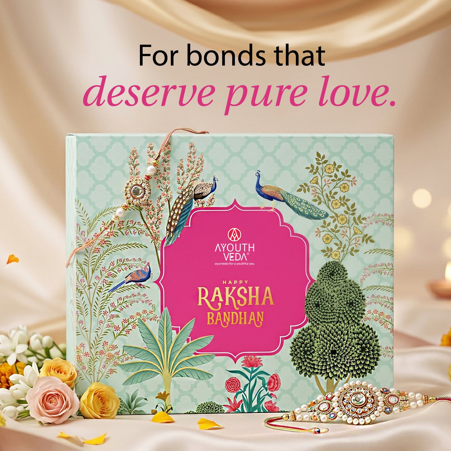 Ayouthveda Rakhi Hydration Ritual for Her | Gold Face Wash 100g, Vitamin-C Face Serum 30ml, Bio Marine Shower Gel 250ml, Floral Breeze Mist 100ml & Indian Clay Soap 100g with Free Rakhi