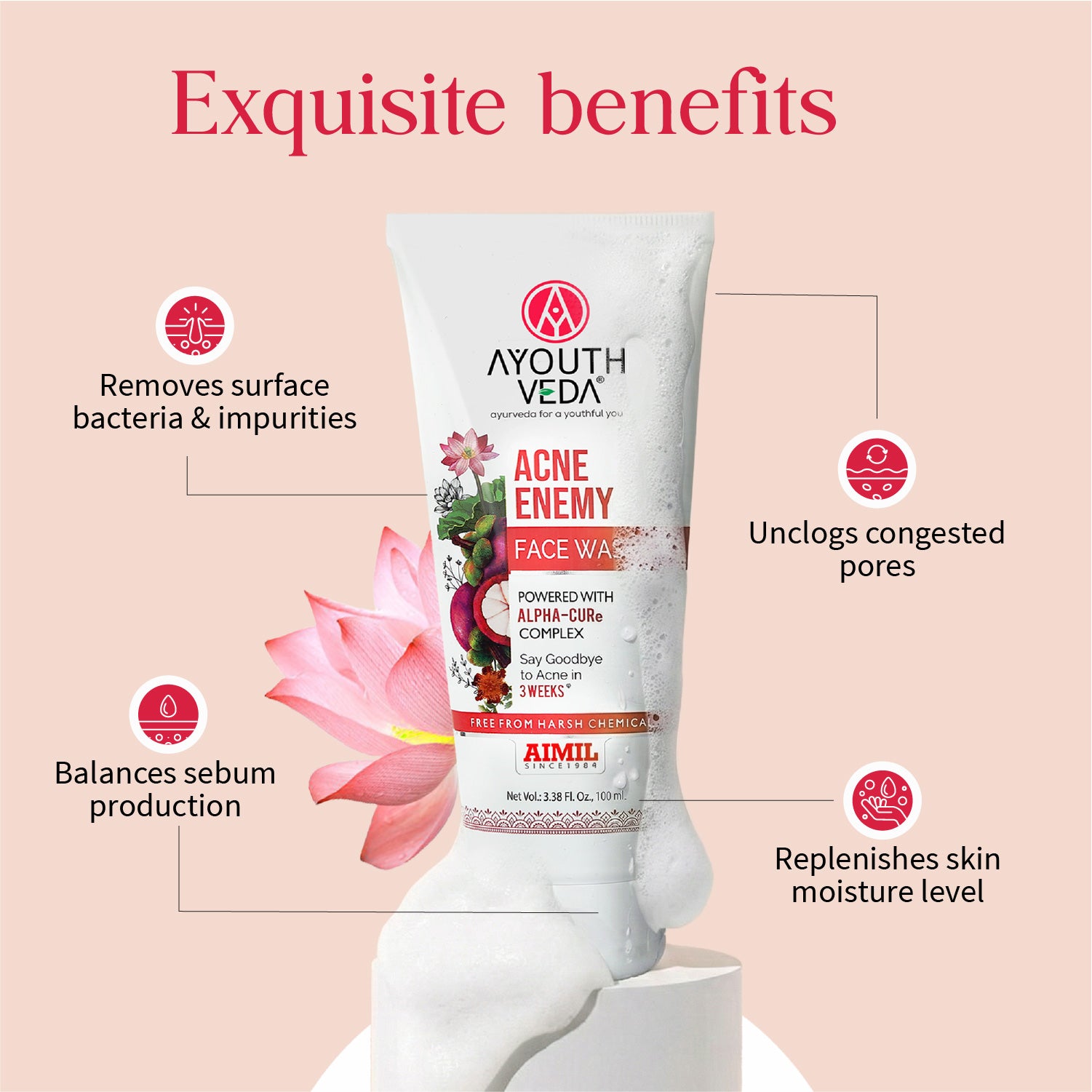 Ayouthveda Acne Enemy Face Wash Gel for Acne & Pimples | Fights Acne-Causing Bacteria & Excess Oil | With Alpha-CURe Complex, Garcinia & Manjistha | Sulfate-Free Gel Cleanser | For Acne-Prone Skin | Net Qty- 100 ml