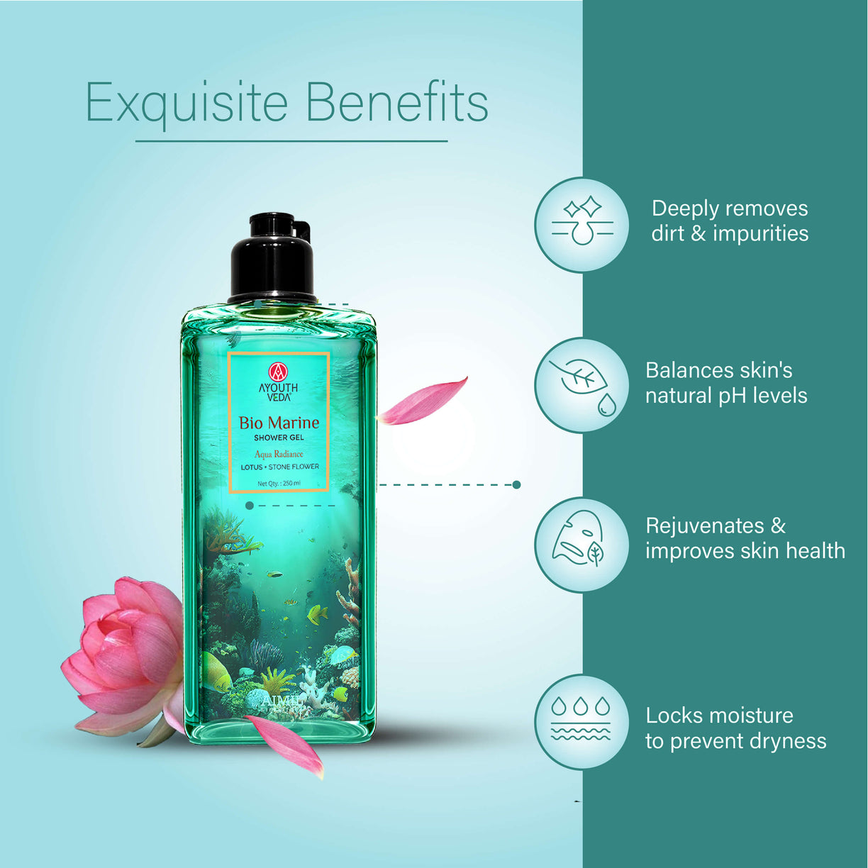 Ayouthveda Bio Marine Shower Gel for Men & Women | Enriched with Lotus, Stone Flower & Water Chestnut | Detoxifies, Moisturizes & Rejuvenates | (250 ml)