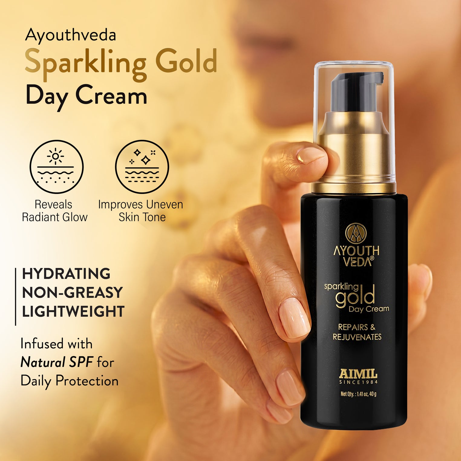 Ayouthveda Sparkling Gold Day Cream | 24K Nano Gold & Kashmiri Saffron | Anti-Ageing, Brightening & Blemish Reduction | Restores Skin Elasticity | Natural SPF Protection | For Dry to Normal Skin | 40g