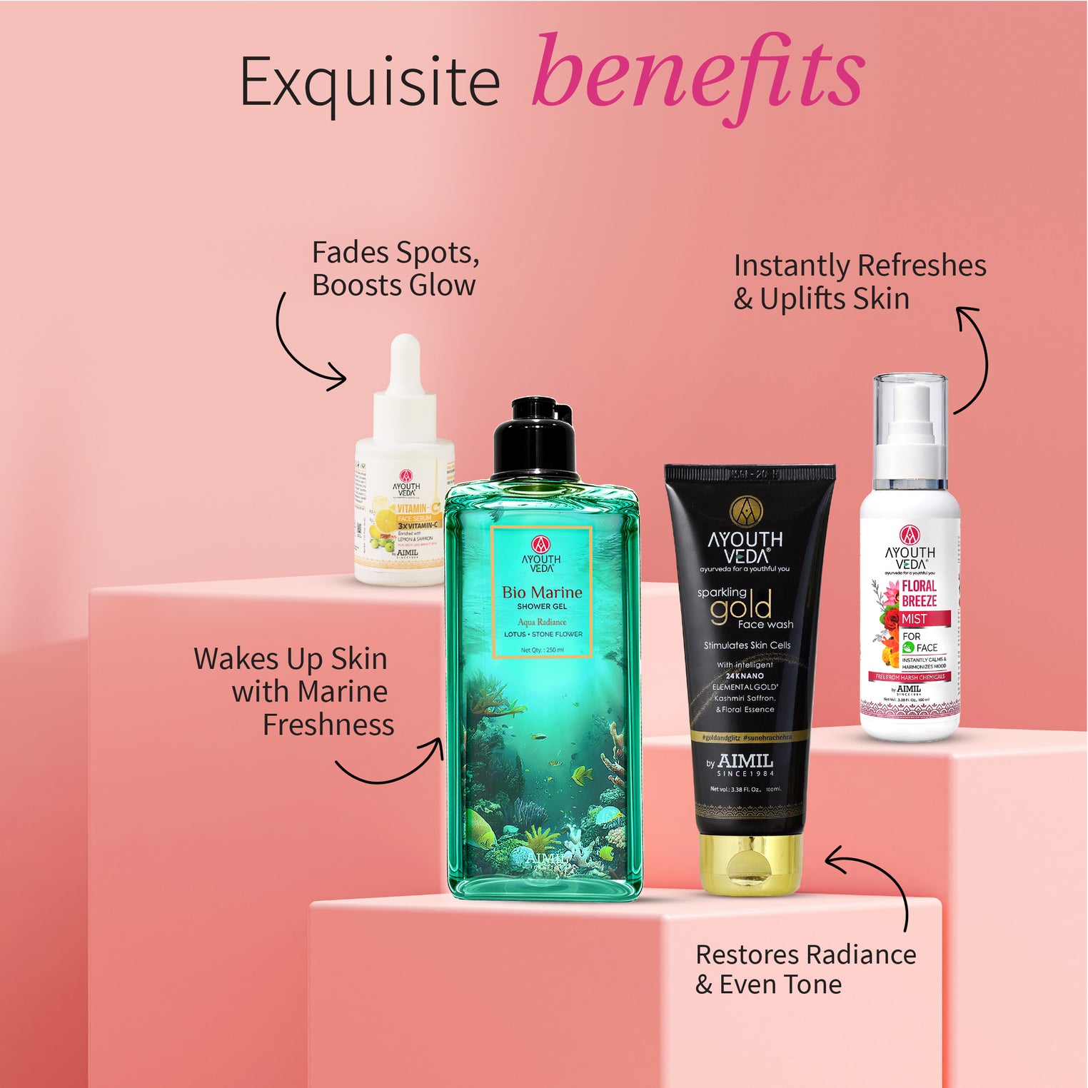Ayouthveda Rakhi Hydration Ritual for Her | Gold Face Wash 100g, Vitamin-C Face Serum 30ml, Bio Marine Shower Gel 250ml, Floral Breeze Mist 100ml & Indian Clay Soap 100g with Free Rakhi