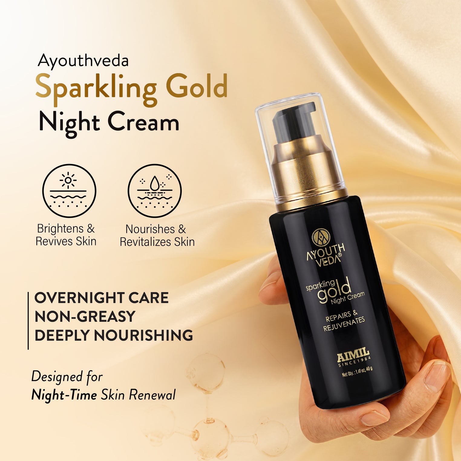 Ayouthveda Sparkling Gold Night Cream | 24K Nano Gold & Kashmiri Saffron | Reduces Fine Lines, Wrinkles & Dark Spots | Restores Skin Firmness & Elasticity | Overnight Anti-Ageing Face Cream | 40g