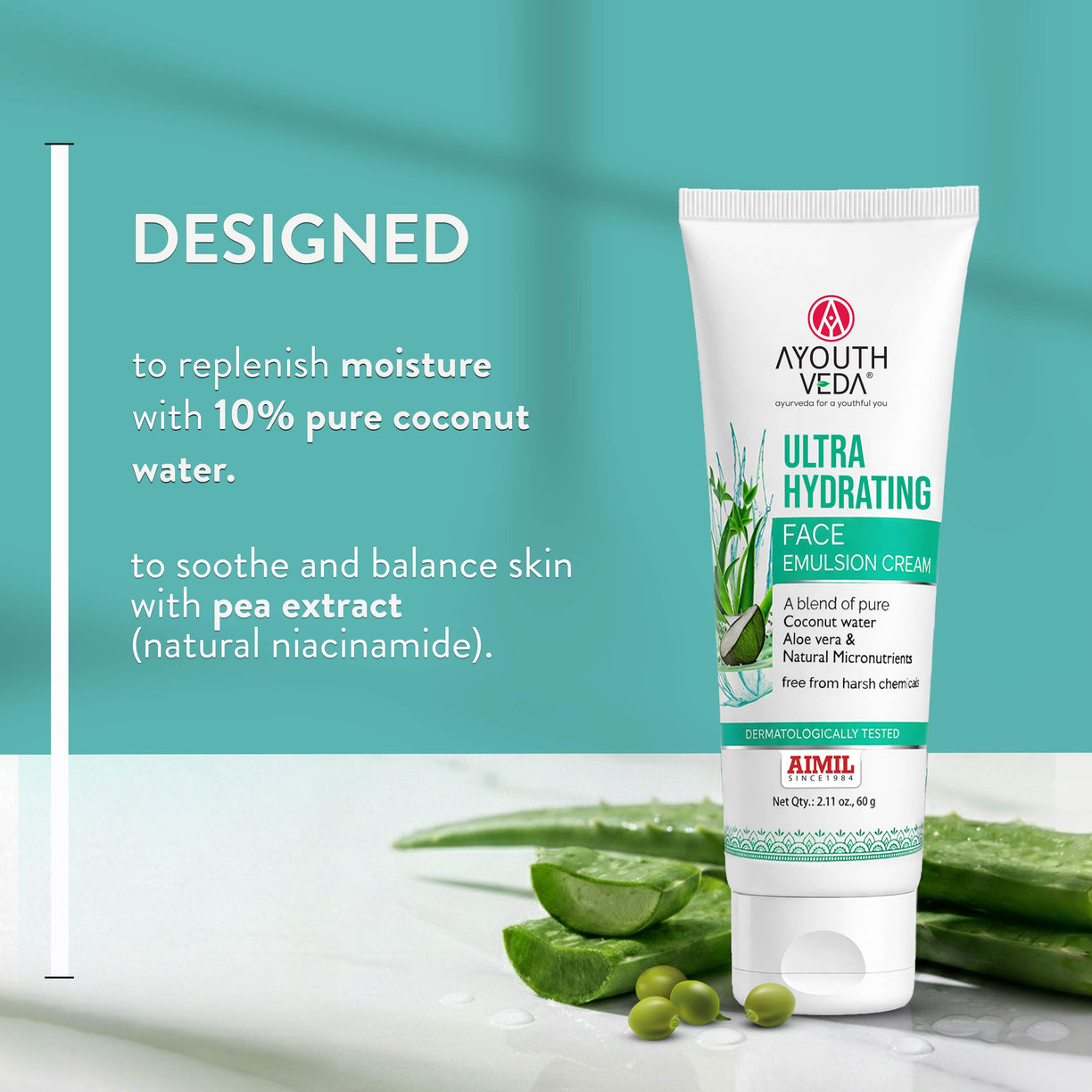 Ayouthveda Ultra Hydrating Face Emulsion Cream | Nature’s Goodness for 24 hours Hydration | Moisturizes, Tones, and Brightens Skin | With Coconut Water, Aloe Vera, and Green Tea | Net. qty - 60g