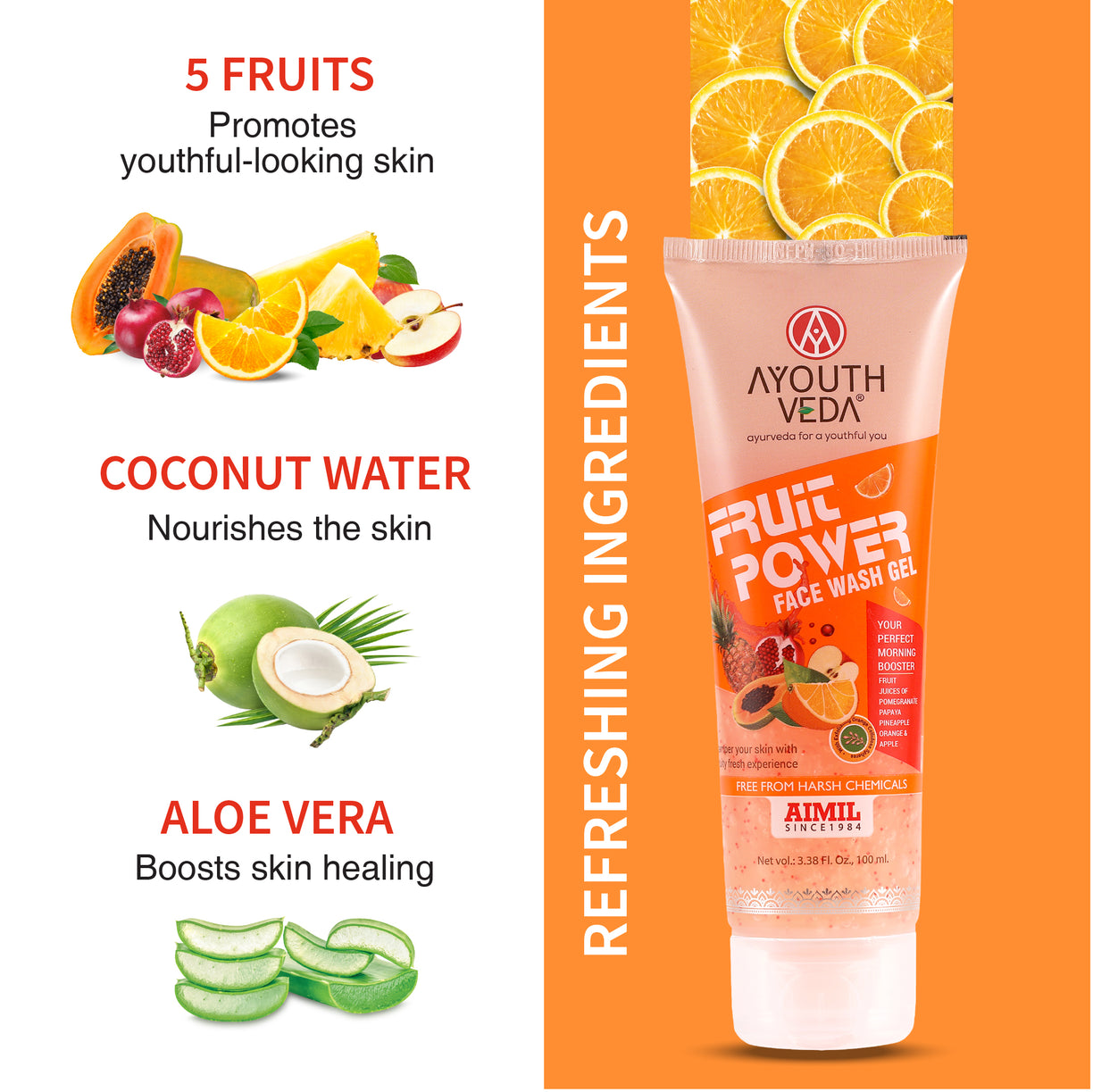 Ayouthveda Fruit Power Face Wash Gel | With 5 Fruit Juices, Aloe Vera & Coconut Water | Refreshing Cleanser That Removes Dirt, Improves Skin Texture & Natural Glow | For All Skin Types | Net Qty - 100ml