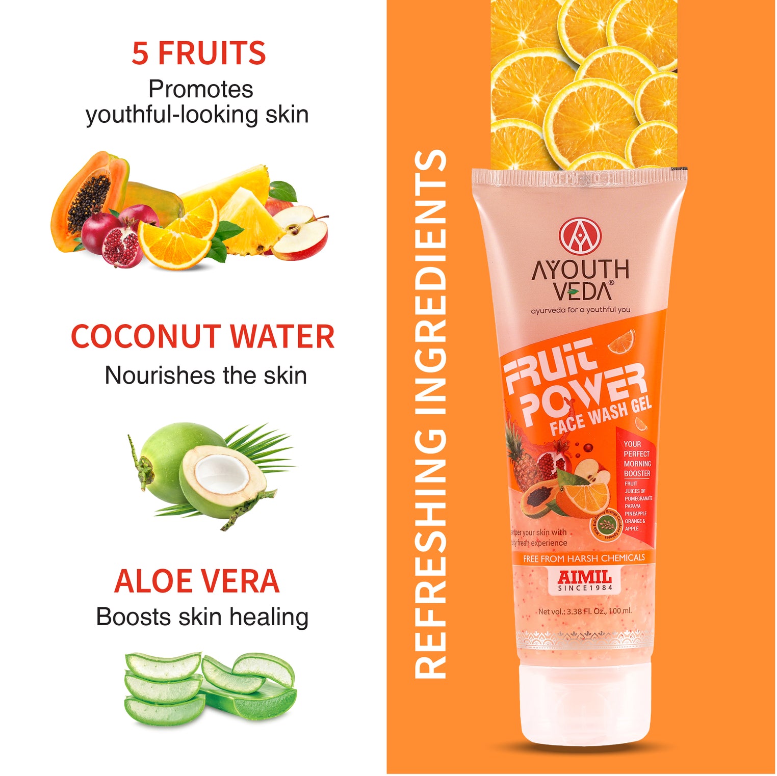 Ayouthveda Fruit Power Face Wash Gel | With 5 Fruit Juices, Aloe Vera & Coconut Water | Refreshing Cleanser That Removes Dirt, Improves Skin Texture & Natural Glow | For All Skin Types | Net Qty - 100ml