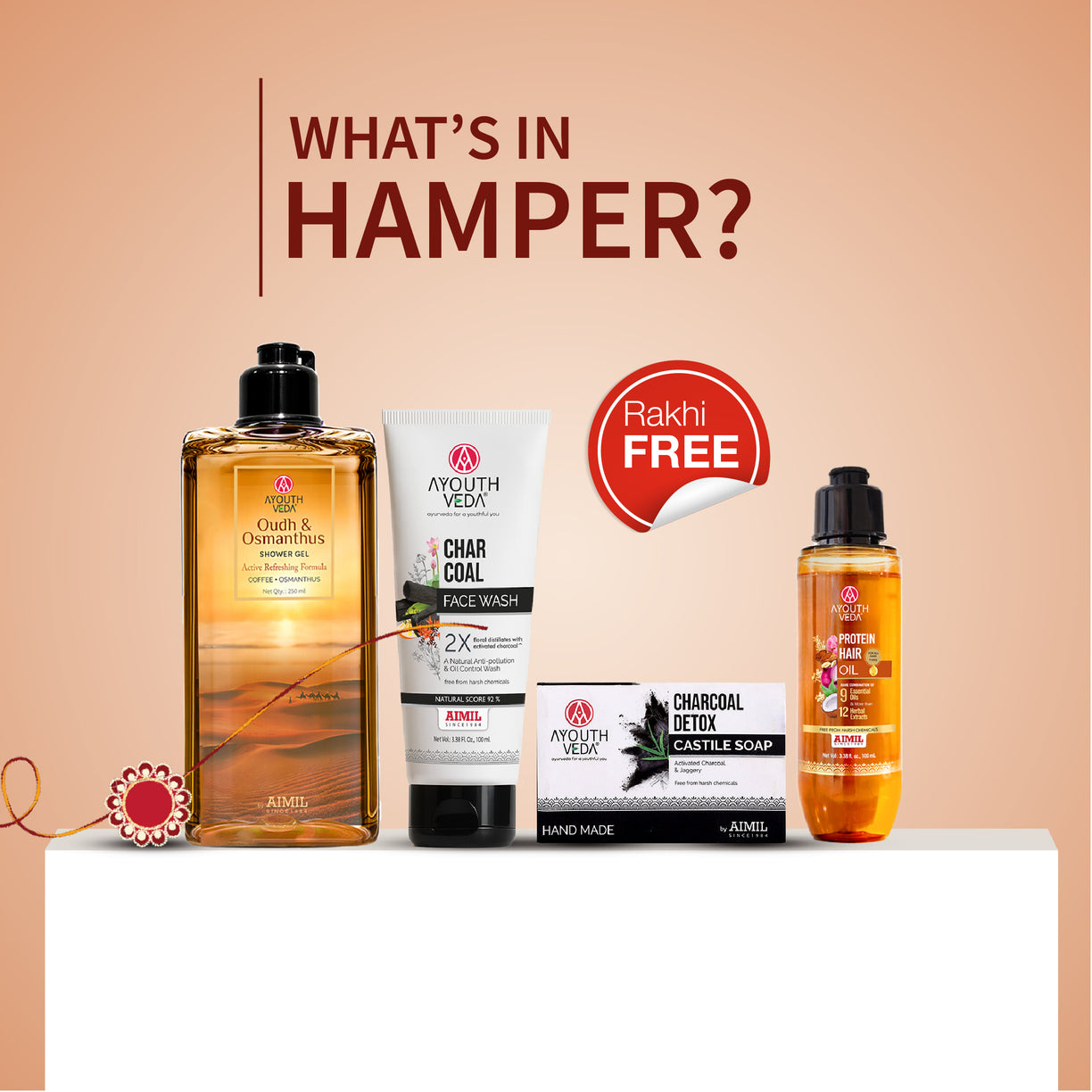 Ayouthveda Rakhi Care Kit for Him | Charcoal Face Wash 100ml, Protein Hair Oil 100ml, Oudh Shower Gel 250ml & Charcoal Detox Soap 110g with Free Rakhi