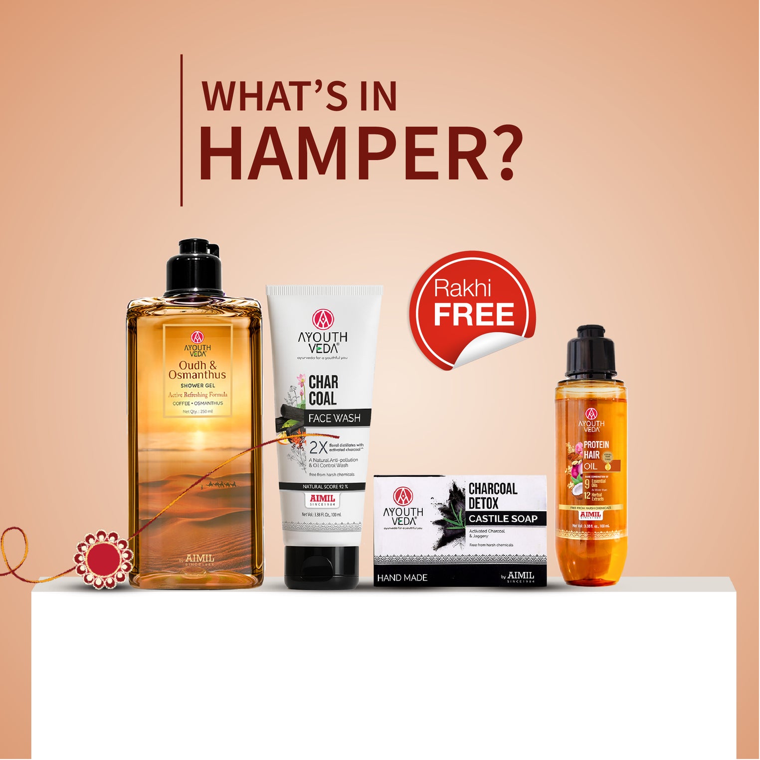 Ayouthveda Rakhi Care Kit for Him | Charcoal Face Wash 100ml, Protein Hair Oil 100ml, Oudh Shower Gel 250ml & Charcoal Detox Soap 110g with Free Rakhi