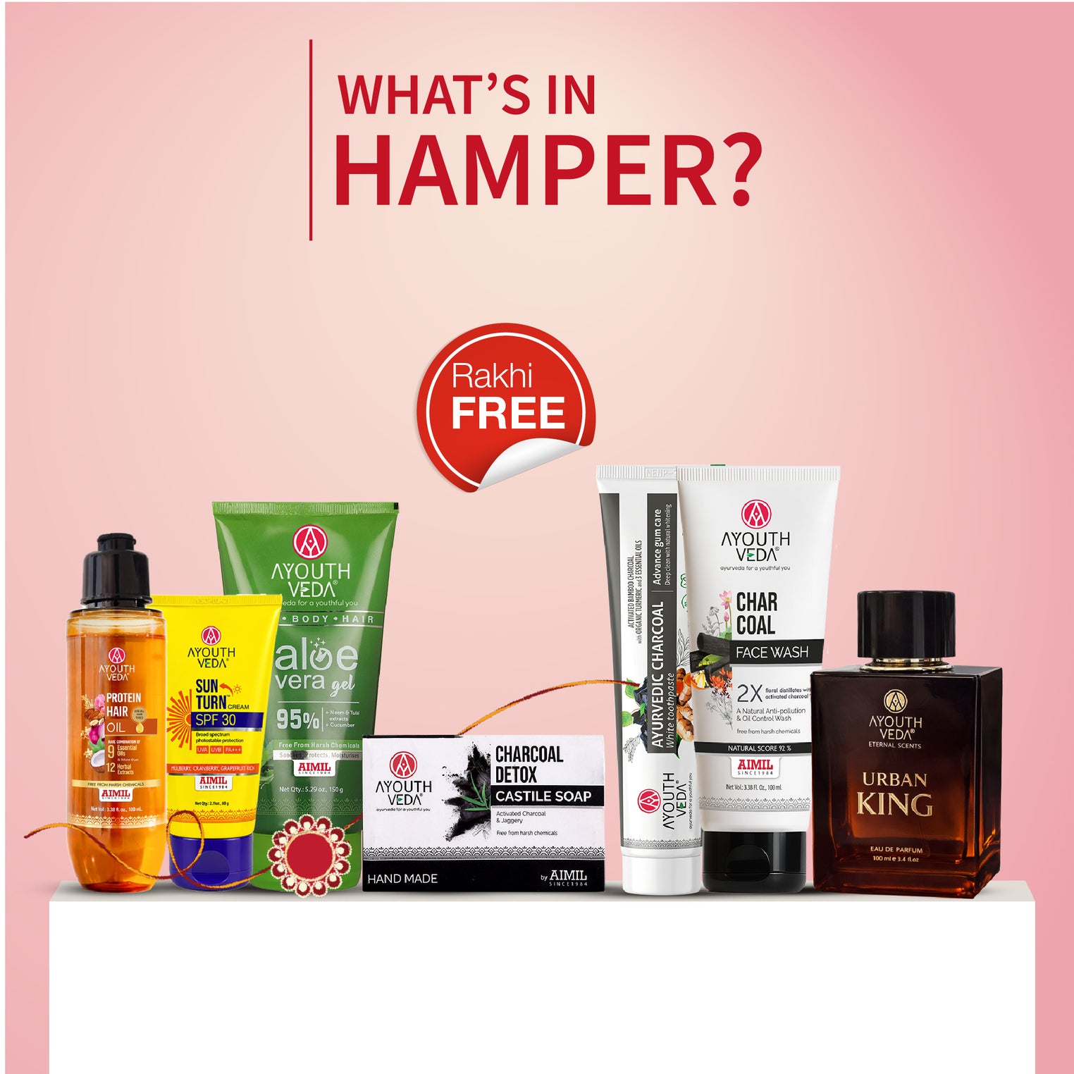 Ayouthveda Rakhi Luxe Grooming Kit for Him | Charcoal Face Wash 100ml, Protein Hair Oil 100ml, Charcoal Detox Soap 110g, Aloe Vera Gel 150g, Sun Turn SPF 30 60g, Charcoal Toothpaste 100g & Urban King Perfume 100ml with Free Rakhi