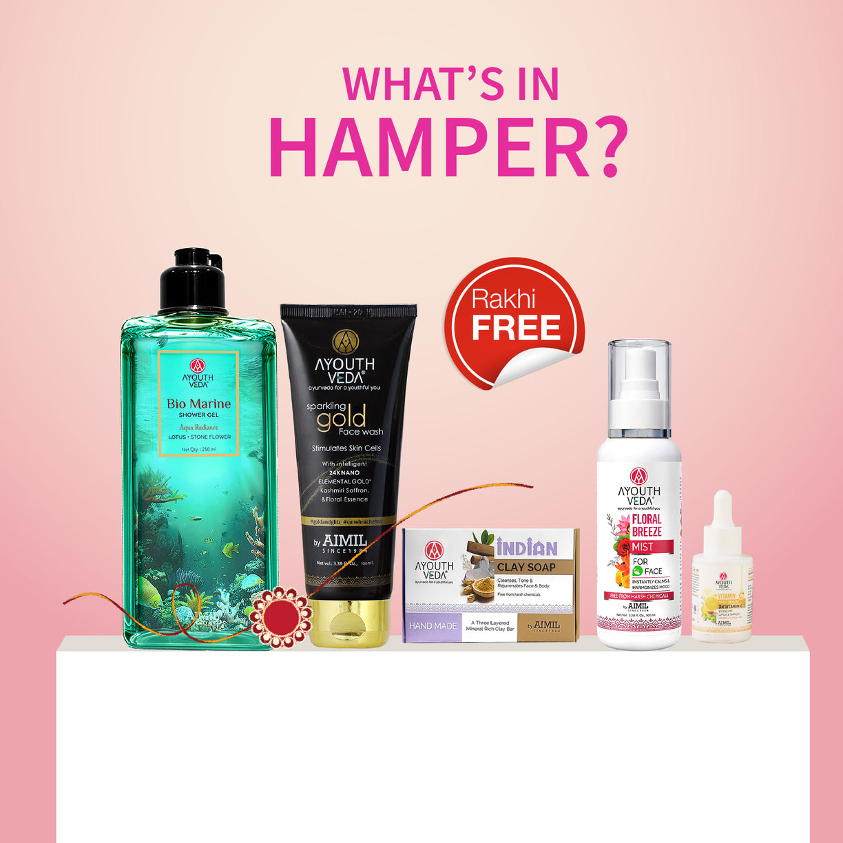 Ayouthveda Rakhi Hydration Ritual for Her | Gold Face Wash 100g, Vitamin-C Face Serum 30ml, Bio Marine Shower Gel 250ml, Floral Breeze Mist 100ml & Indian Clay Soap 100g with Free Rakhi