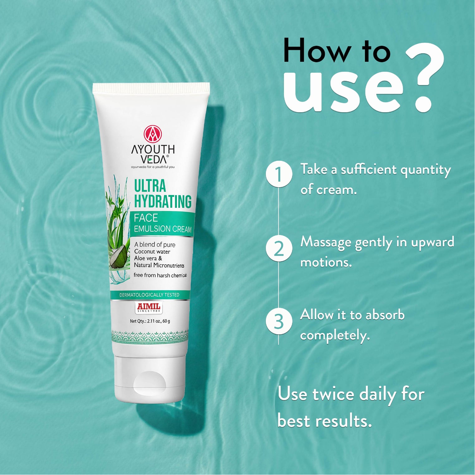 Ayouthveda Ultra Hydrating Face Emulsion Cream | Nature’s Goodness for 24 hours Hydration | Moisturizes, Tones, and Brightens Skin | With Coconut Water, Aloe Vera, and Green Tea | Net. qty - 60g
