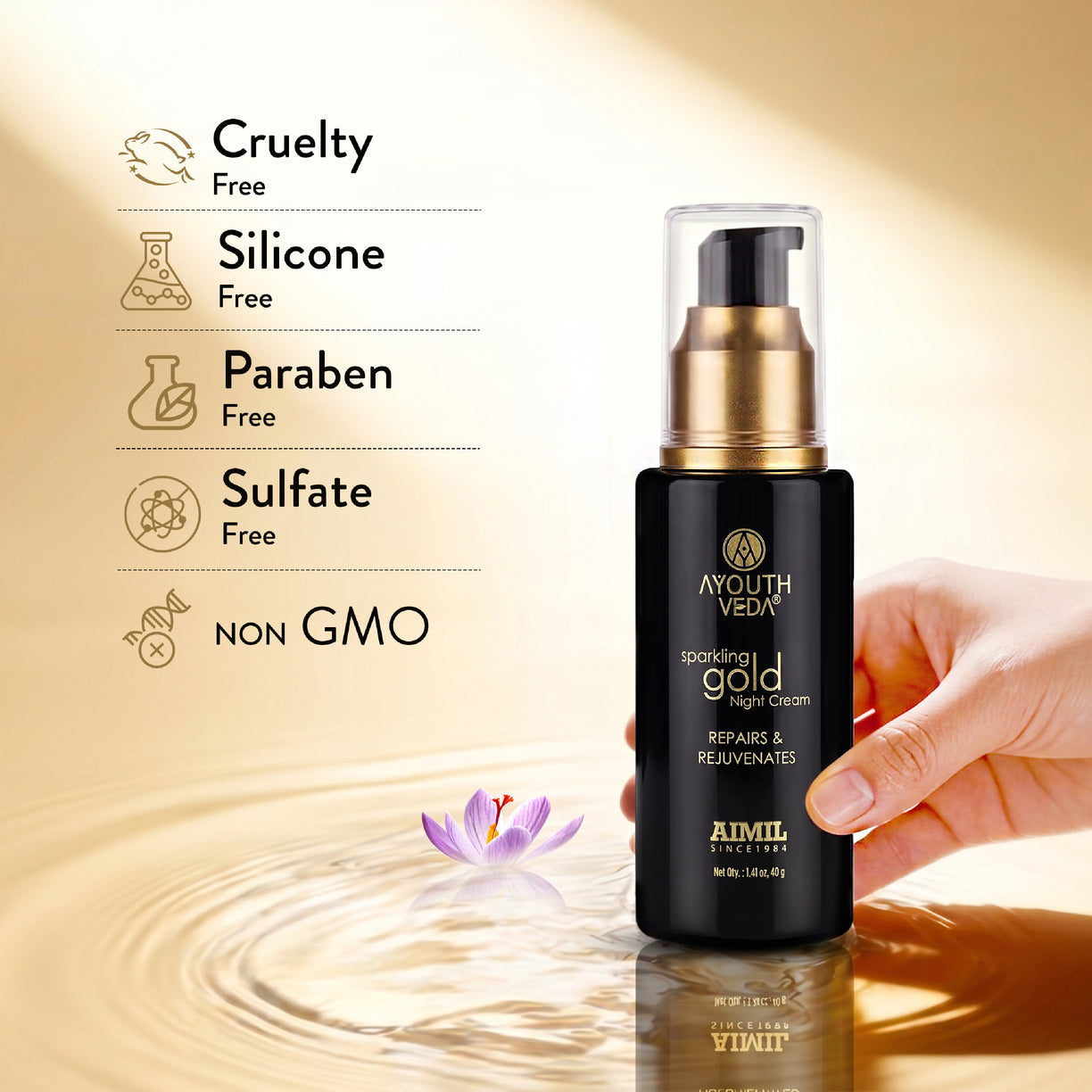 Ayouthveda Sparkling Gold Night Cream | 24K Nano Gold & Kashmiri Saffron | Reduces Fine Lines, Wrinkles & Dark Spots | Restores Skin Firmness & Elasticity | Overnight Anti-Ageing Face Cream | 40g