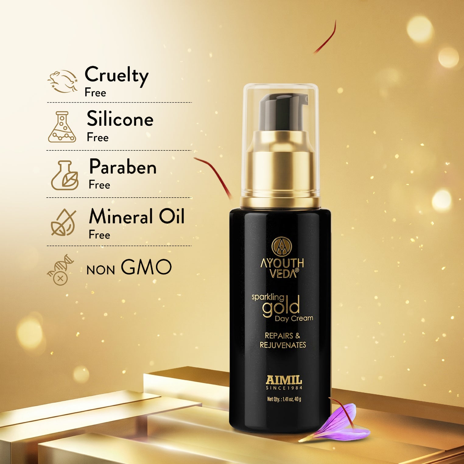 Ayouthveda Sparkling Gold Day Cream | 24K Nano Gold & Kashmiri Saffron | Anti-Ageing, Brightening & Blemish Reduction | Restores Skin Elasticity | Natural SPF Protection | For Dry to Normal Skin | 40g
