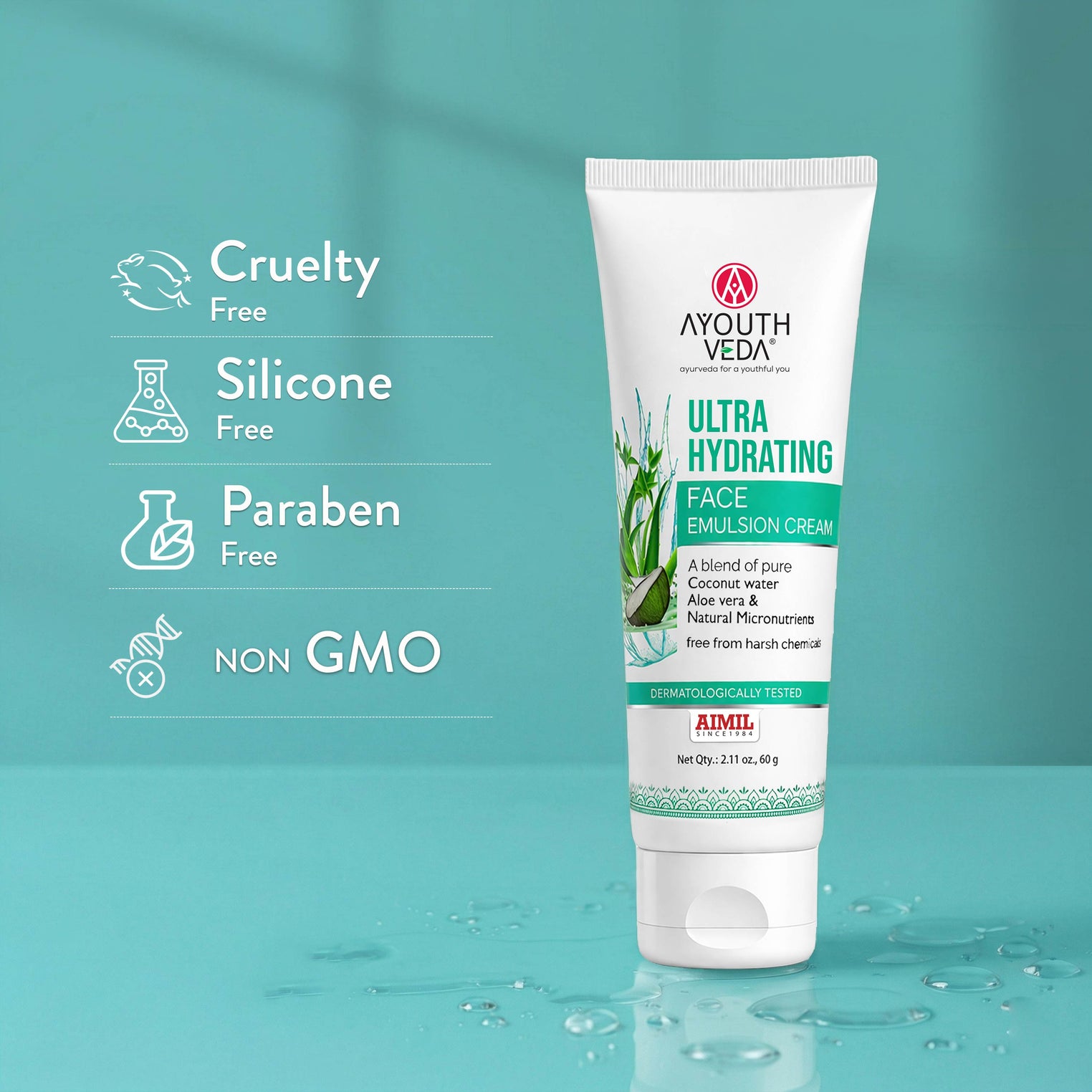 Ayouthveda Ultra Hydrating Face Emulsion Cream | Nature’s Goodness for 24 hours Hydration | Moisturizes, Tones, and Brightens Skin | With Coconut Water, Aloe Vera, and Green Tea | Net. qty - 60g