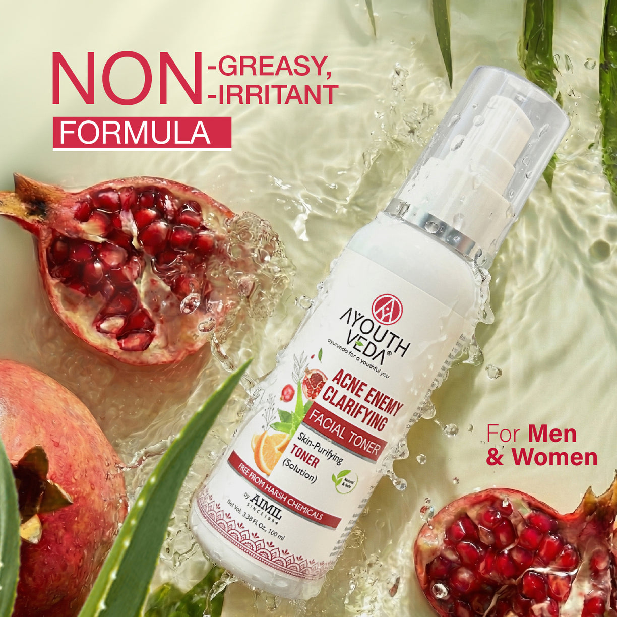 Ayouthveda Acne Enemy Clarifying Toner | With Green Tea, Witch Hazel, Pomegranate & Aloe Vera | Gently Remove Impurities, Balance Oil & Calm Acne-Prone Skin with Refreshing Formula | Net Qty - 100 ml