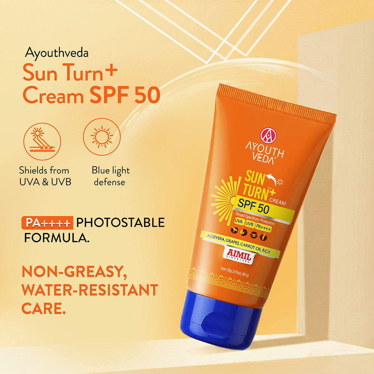 Ayouthveda Sun Turn+ Cream SPF 50 with Hyaluronic Acid for Broad Spectrum UV Protection Net qty.- 60 g