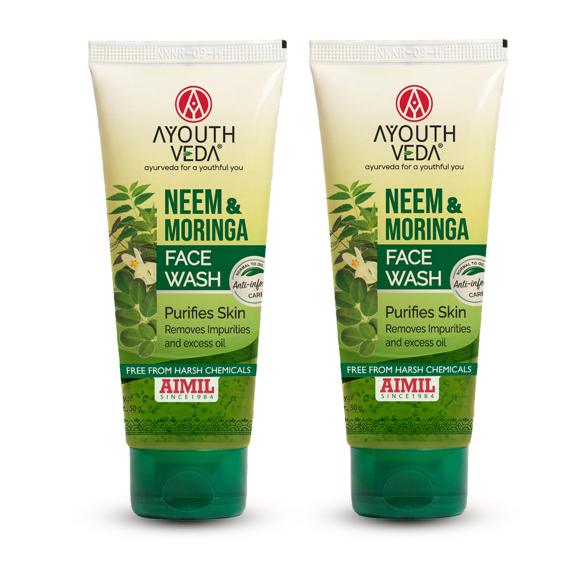 Ayouthveda Neem & Moringa Skin Purifying Face Wash with Turmeric & Moringa Extracts | Deep Cleansing Gel for Acne-Prone Skin | Eliminates Dirt & Excess Oil | For Men & Women | (Set Of 2 50g each)