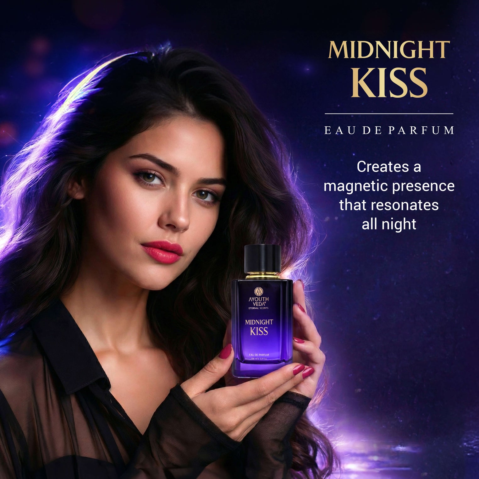 Ayouthveda Midnight Kiss Eau De Parfum for Women | Long Lasting Luxury Perfume | White Musk, Peach, Patchouli & Jasmine Notes | Elegant Evening Fragrance Spray | 100ml