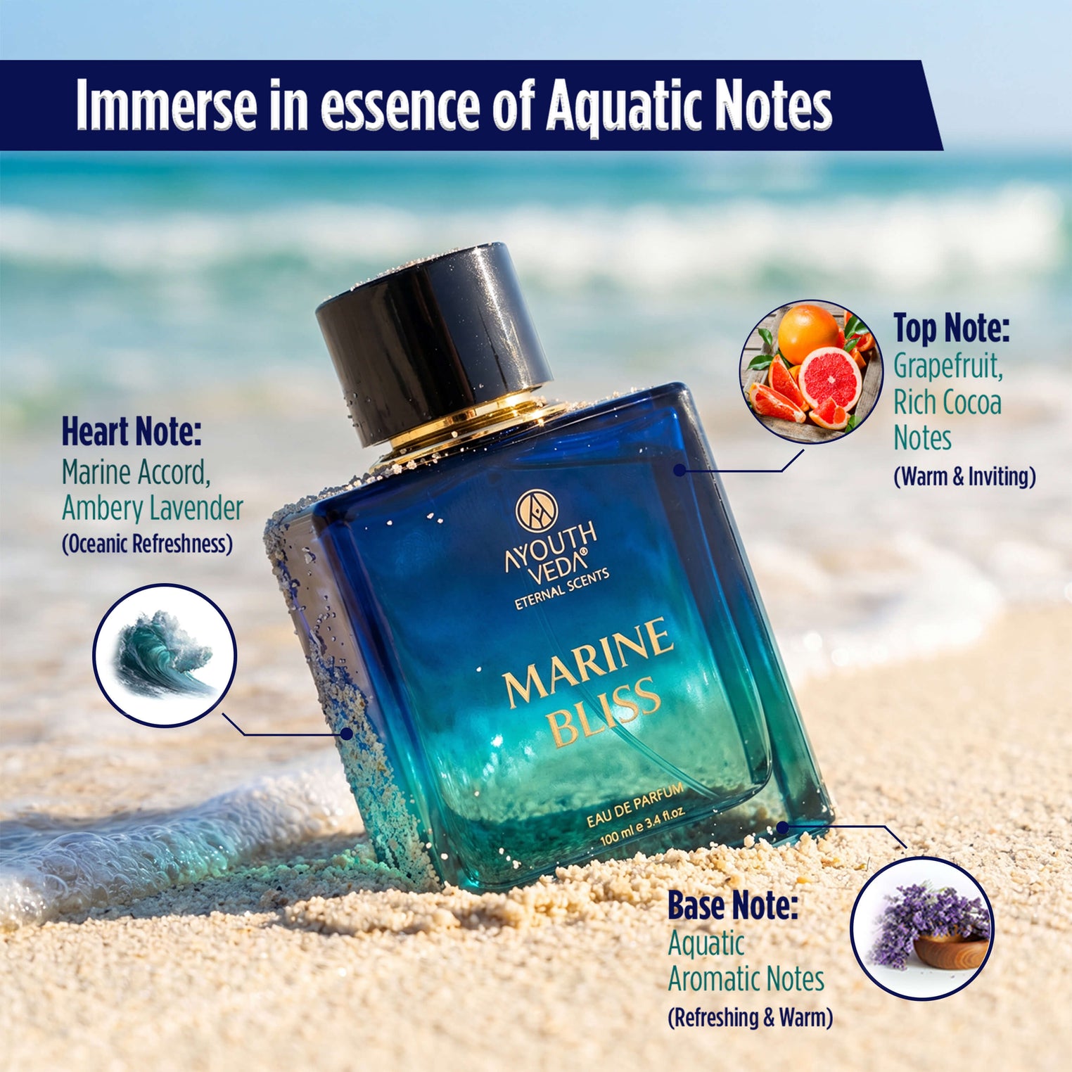 Ayouthveda Marine Bliss Eau De Parfum | Long-Lasting Fresh Aquatic Luxury Perfume for Men | Grapefruit, Marine Accord, Aquatic Notes & Ambery Lavender | Refreshing Daily Wear Fragrance | 100ml