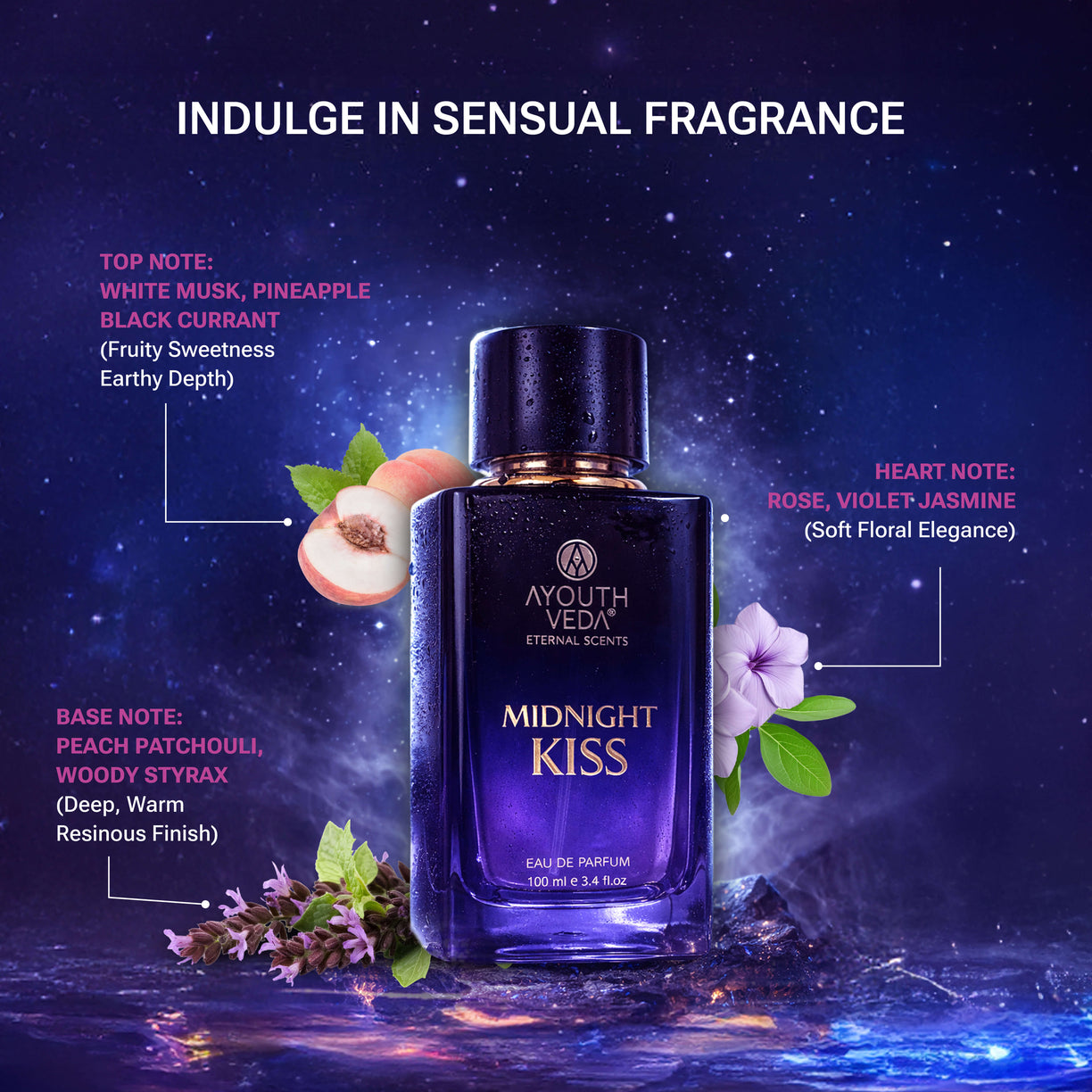 Ayouthveda Midnight Kiss Eau De Parfum for Women | Long Lasting Luxury Perfume | White Musk, Peach, Patchouli & Jasmine Notes | Elegant Evening Fragrance Spray | 100ml