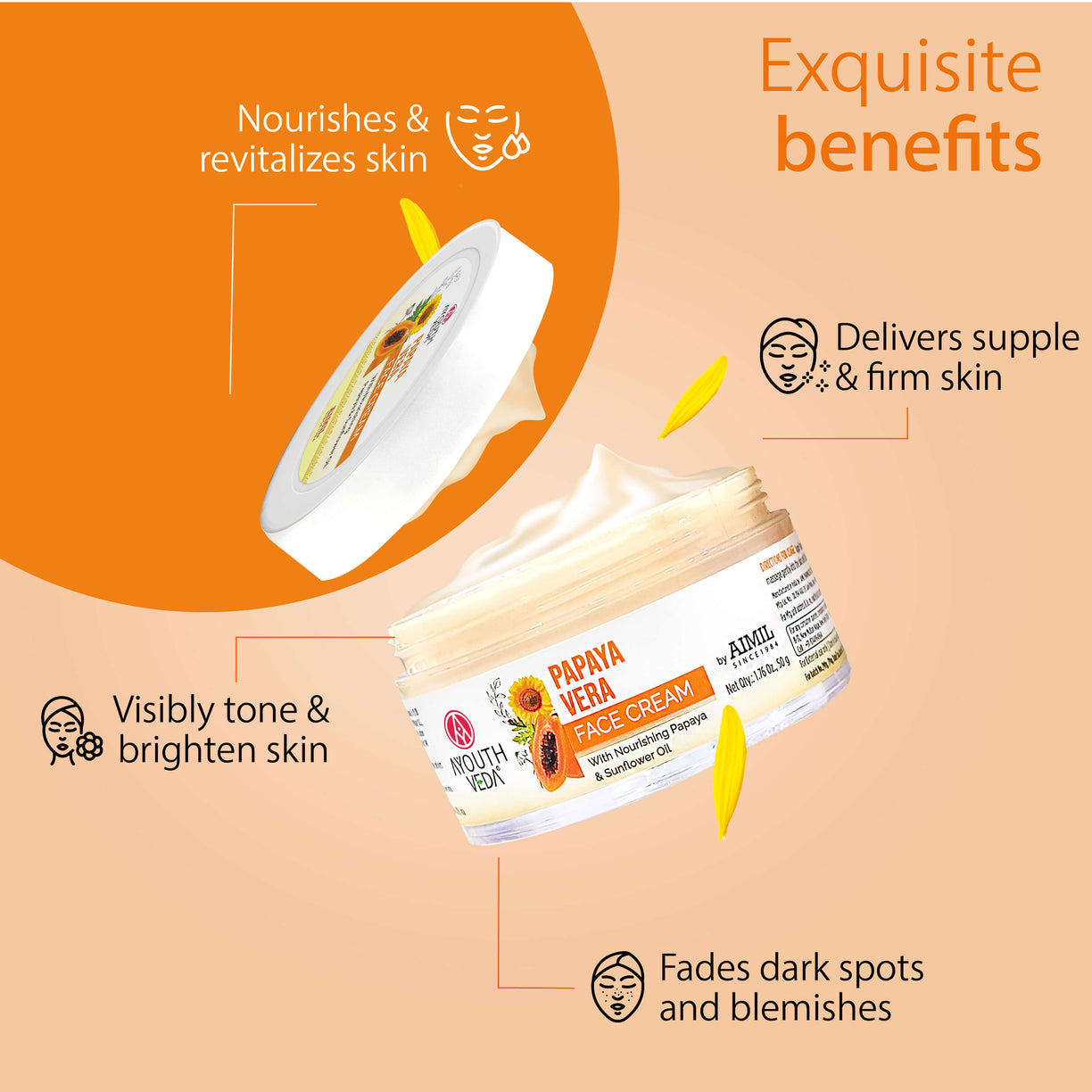 Ayouthveda Papaya Vera Face Cream | Nourishing Moisturizer for Blemish-Free, Even-Toned & Radiant Skin | With Papaya Enzymes & Sunflower Oil | Deep Hydration, Smooth Texture & Youthful Glow | 50 g