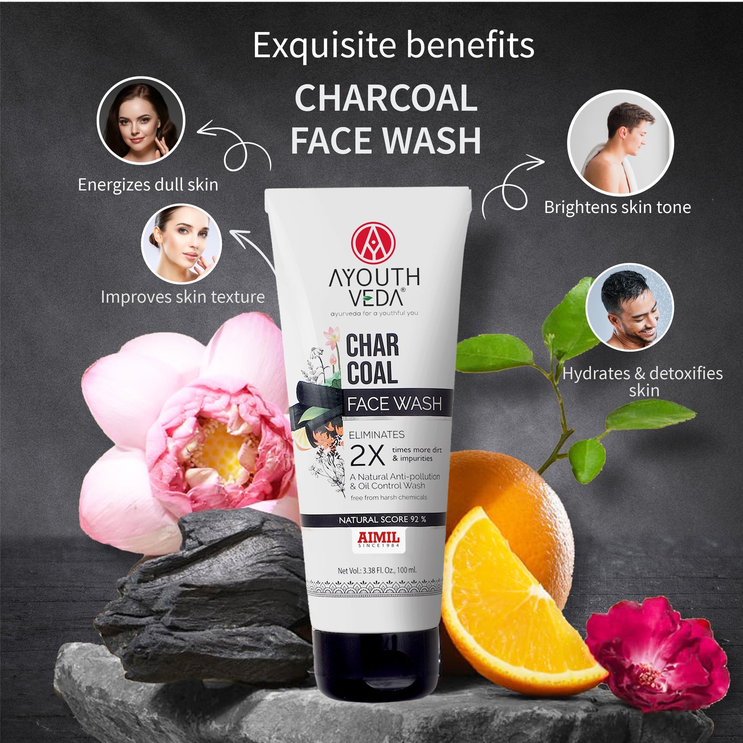 Bamboo Charcoal Detox Combo | Charcoal Face Wash (100 ml) | Charcoal Detox Handmade Castile Soap (100 g) | Ayurvedic Charcoal White Toothpaste (100 g)