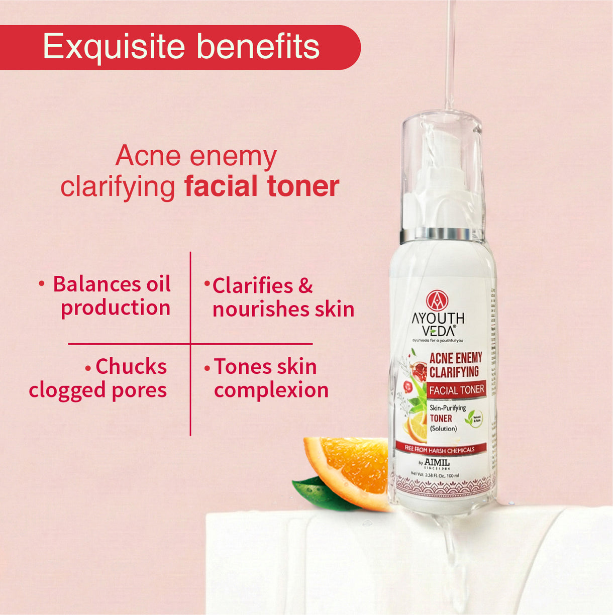 Ayouthveda Acne Enemy Clarifying Toner | With Green Tea, Witch Hazel, Pomegranate & Aloe Vera | Gently Remove Impurities, Balance Oil & Calm Acne-Prone Skin with Refreshing Formula | Net Qty - 100 ml