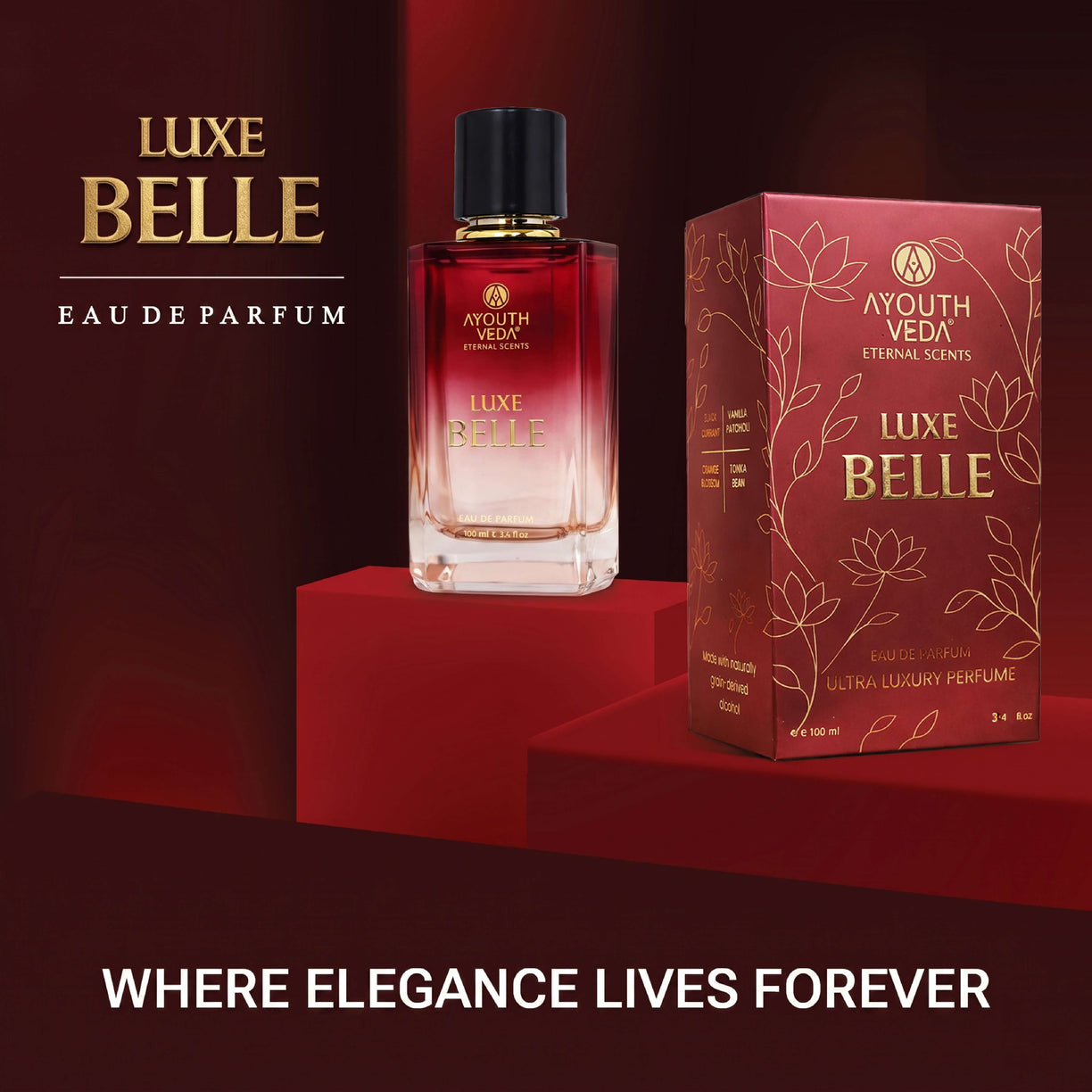 Ayouthveda Luxe Belle Eau De Parfum for Women | Long-Lasting Sweet Floral Luxury Perfume | Black Currant, Vanilla Patchouli, Orange Blossom & Tonka Bean | Elegant & Premium Fragrance | 100 ml
