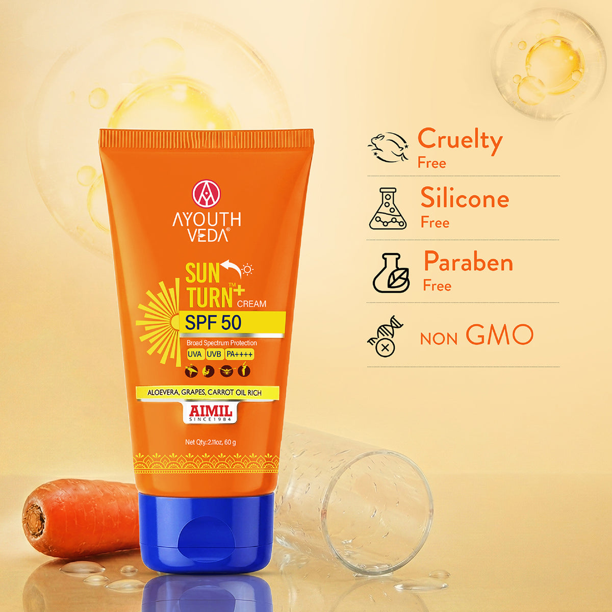 Ayouthveda Sun Turn+ Cream SPF 50 with Hyaluronic Acid for Broad Spectrum UV Protection Net qty.- 60 g