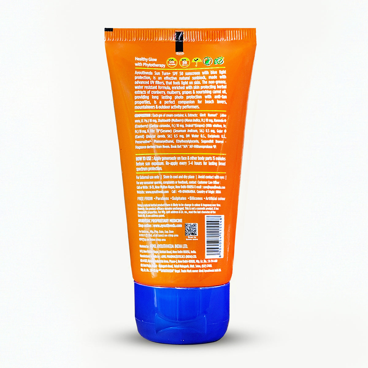 Ayouthveda Sun Turn+ Cream SPF 50 with Hyaluronic Acid for Broad Spectrum UV Protection Net qty.- 60 g