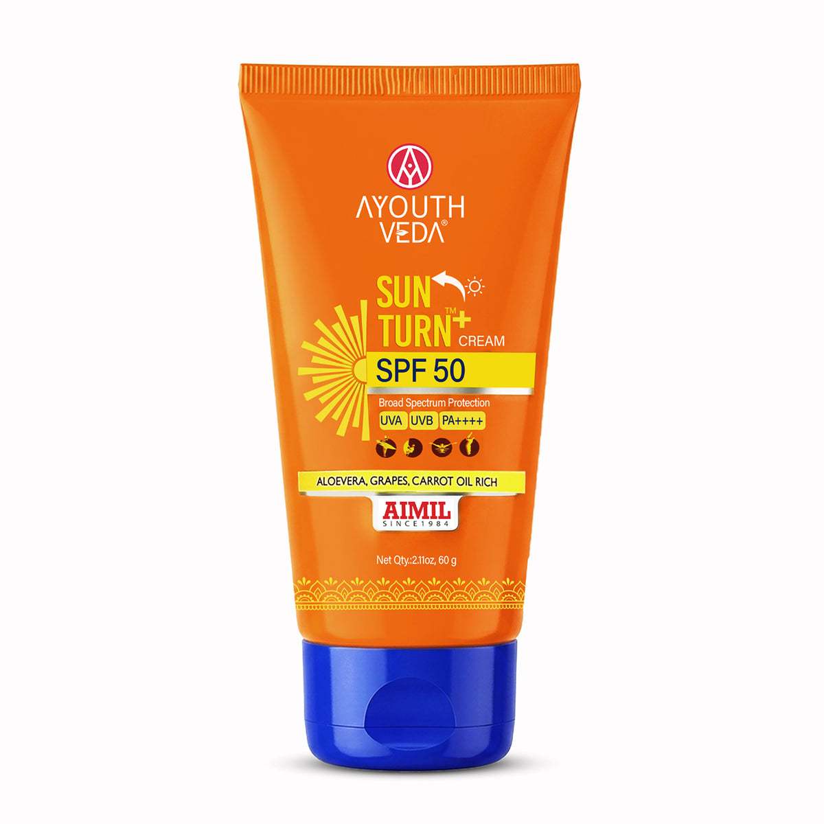 Ayouthveda Sun Turn+ Cream SPF 50 with Hyaluronic Acid for Broad Spectrum UV Protection Net qty.- 60 g