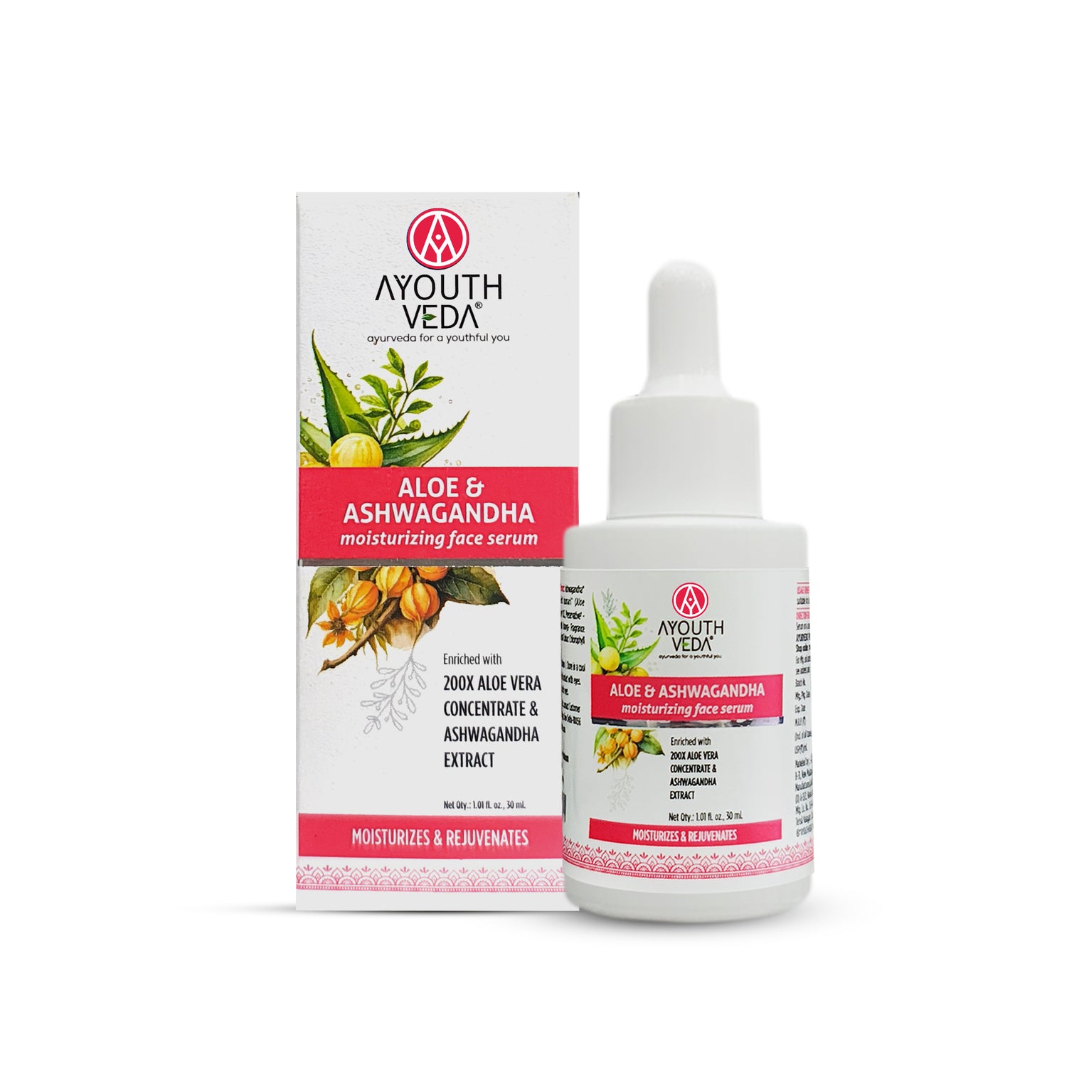 Ayouthveda Aloe & Ashwagandha Moisturizing Face Serum | 200X Aloe Vera Concentrate & Ashwagandha Extract to Soothe & Rejuvenate Skin | Boosts Elasticity, Nourishment & Youthful Glow | Suitable for All Skin Types – 30ml