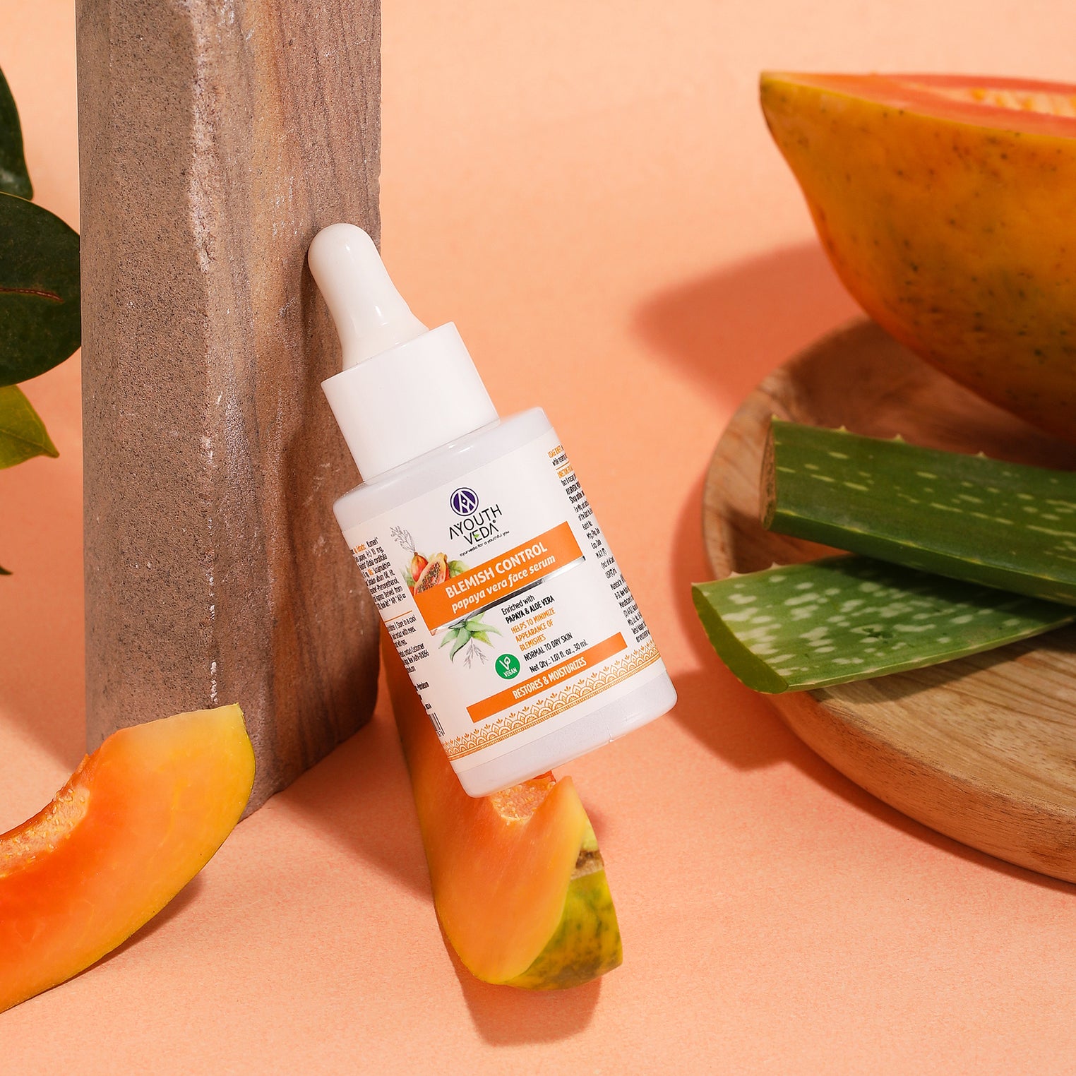 Ayouthveda Blemish Control Papaya Vera Face Serum | Gentle Exfoliating Brightening Serum for Blemish-Free, Even-Toned & Radiant Skin | With Papaya Enzymes, Aloe Vera, Licorice & Sunflower Extract | Net Qty 30 ml