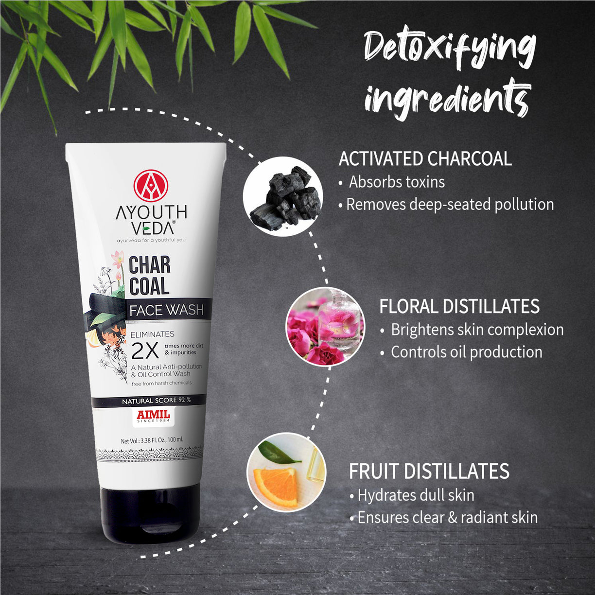 Ayouthveda Charcoal Face Wash | Natural Detoxifying Cleanser for Oily & Acne-Prone Skin | Removes 2X times Dirt, Oil and Impurities | With Bamboo Charcoal & Orange - 100 ml