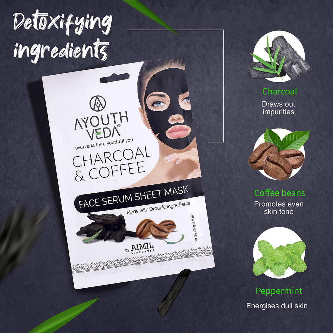 Charcoal & Coffee Face Serum Sheet Mask With Coffee & Mint (Net Qty- 20g) - Ayouthveda