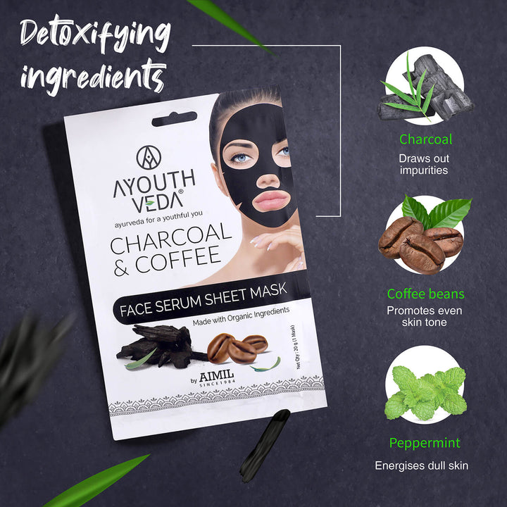 Charcoal & Coffee Face Serum Sheet Mask With Coffee & Mint (Net Qty- 20g) - Ayouthveda