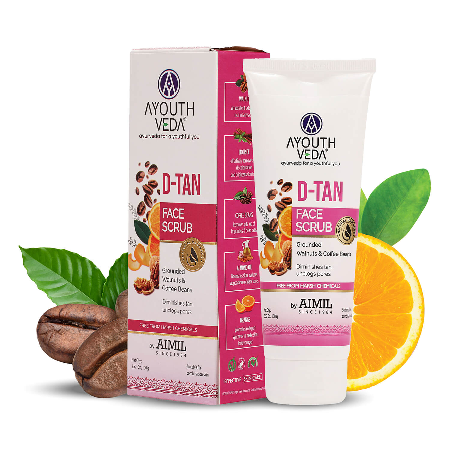 Ayouthveda D-Tan Scrub for brighter, tan-free skin.