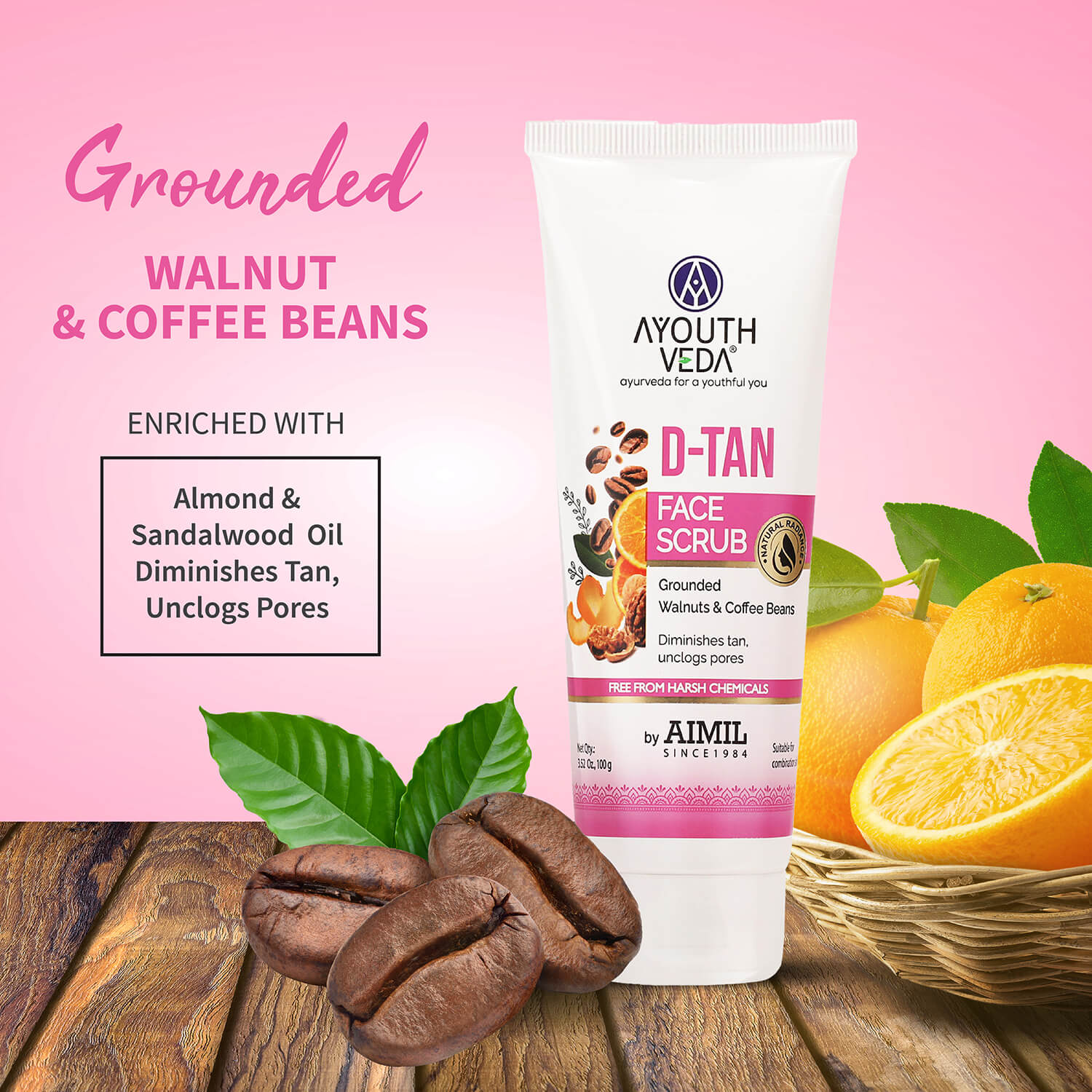 Ayouthveda D-Tan Scrub for brighter, tan-free skin.