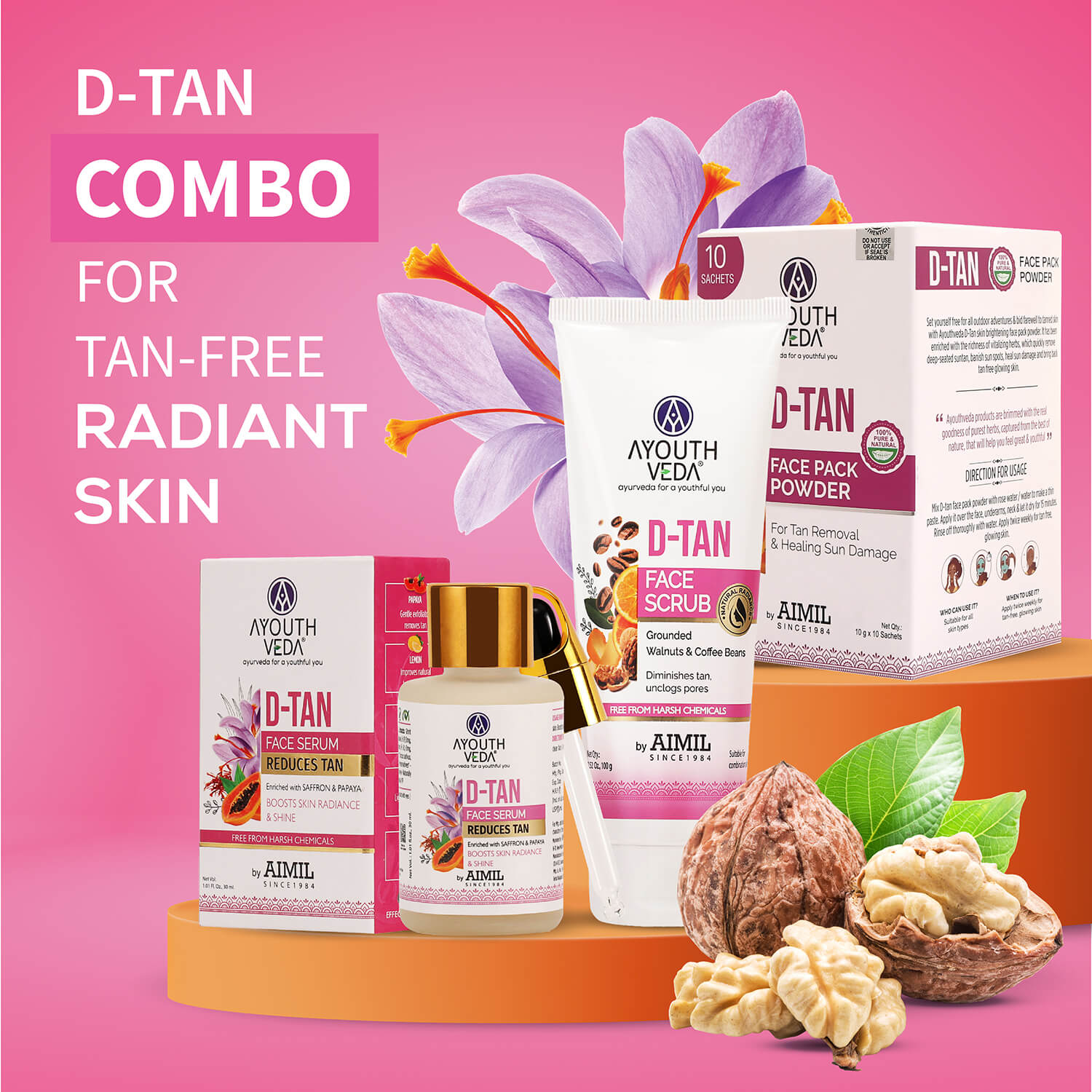 Ayouthveda D-Tan Scrub for brighter, tan-free skin.