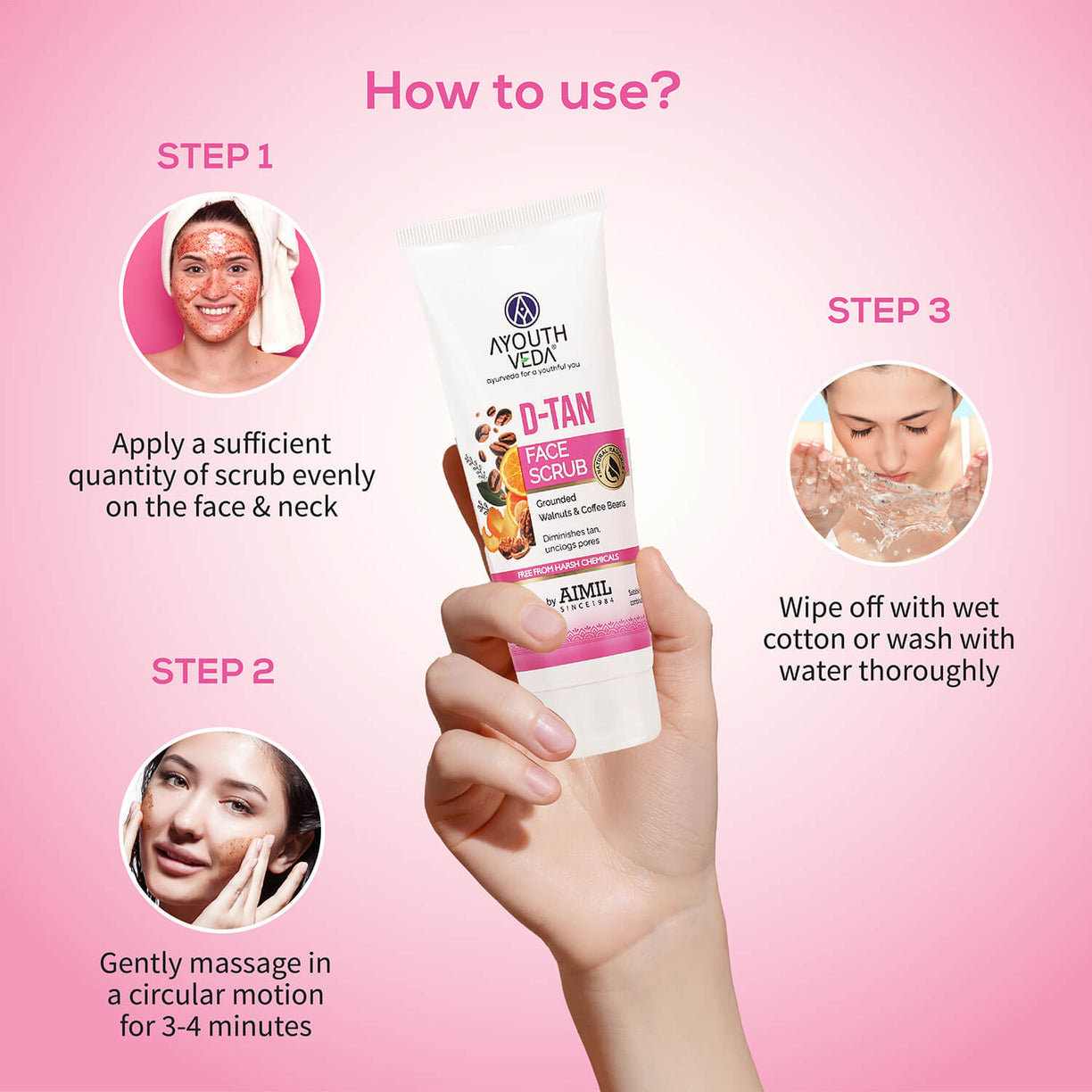 Ayouthveda D-Tan Scrub for brighter, tan-free skin.