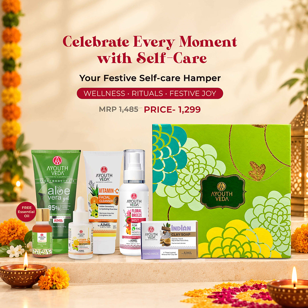 Ayouthveda Diwali Vitamin C Glow Gift Hamper | Aloe Vera Gel, Vitamin C Face Serum, Vitamin C Facial Cleanser, Floral Breeze Face Mist & Indian Clay Soap + Free Jasmine Essential Oil | Diwali Self-Care Gift Set