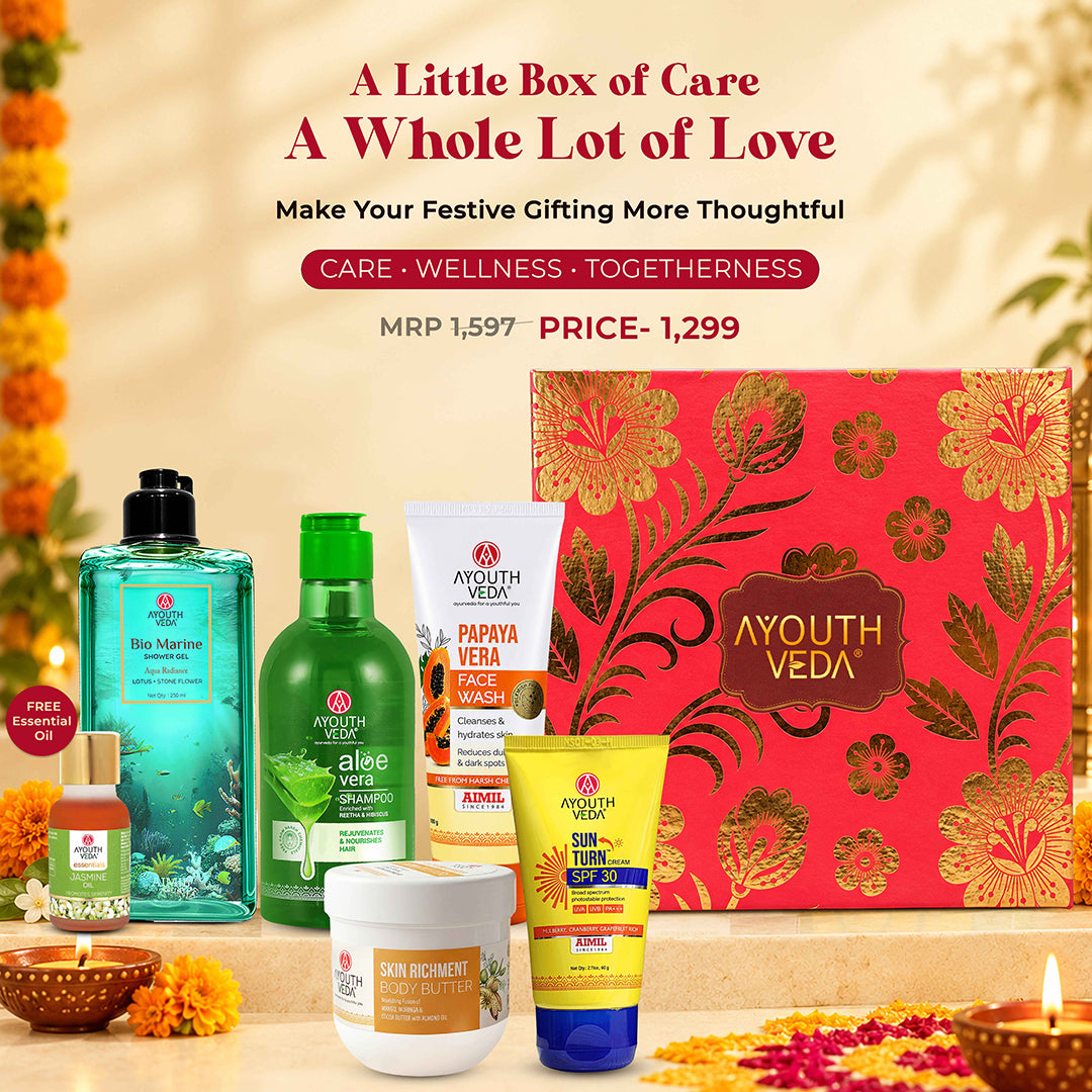 Ayouthveda Diwali Bath & Body Care Gift Hamper | Bio Marine Shower Gel, Aloe Vera Shampoo, Papaya Vera Face Wash, Skin Richment Body Butter & Sun Turn SPF 30 Sunscreen + Free Jasmine Essential Oil | Diwali Gift Set