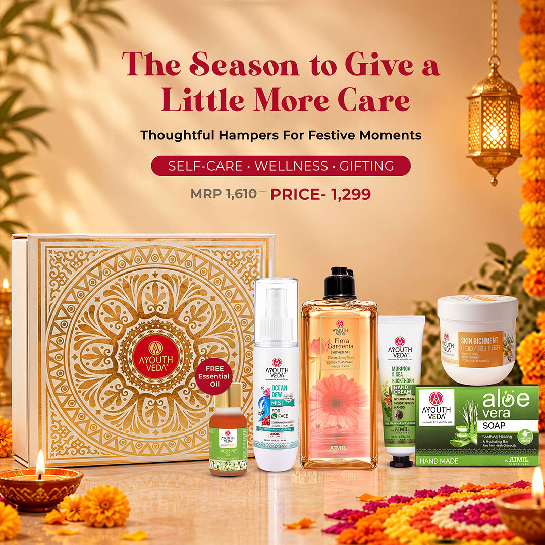 Ayouthveda Diwali Luxury Pamper Gift Hamper | Flora Gardenia Shower Gel, Skin Richment Body Butter, Moringa & Sea Buckthorn Hand Cream, Ocean Dew Face Mist & Aloe Vera Soap + Free Jasmine Essential Oil | Diwali Gift Set