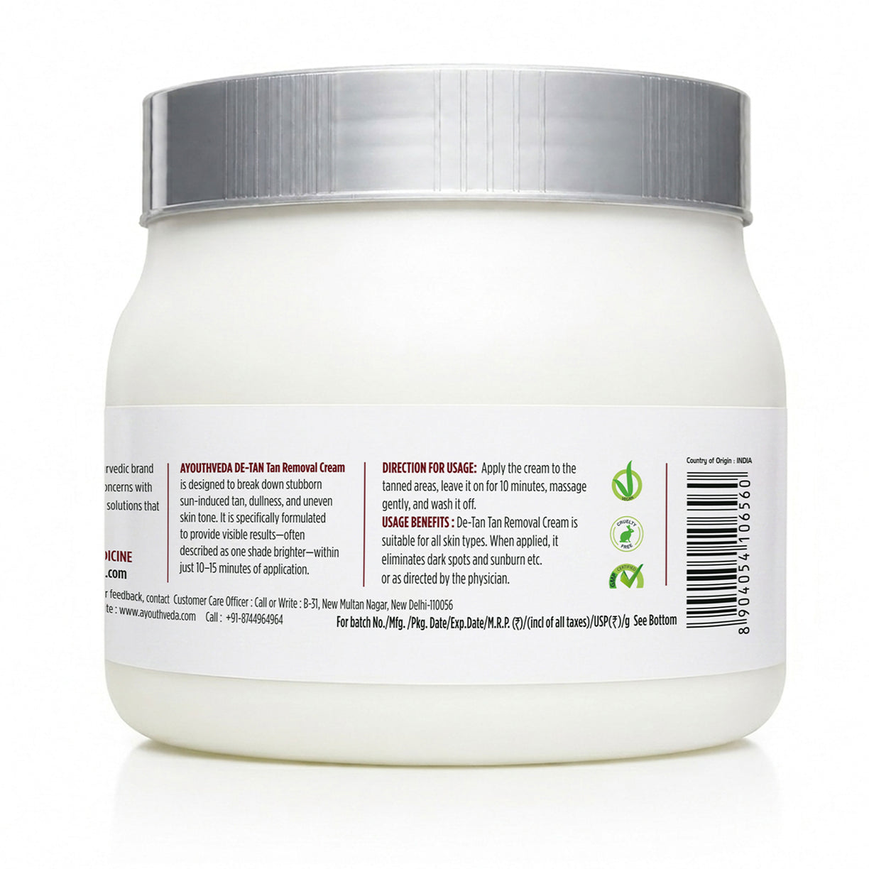 Ayouthveda De-Tan Tan Removal Cream – Kojic Acid, Clove & Peppermint Oil (450g)