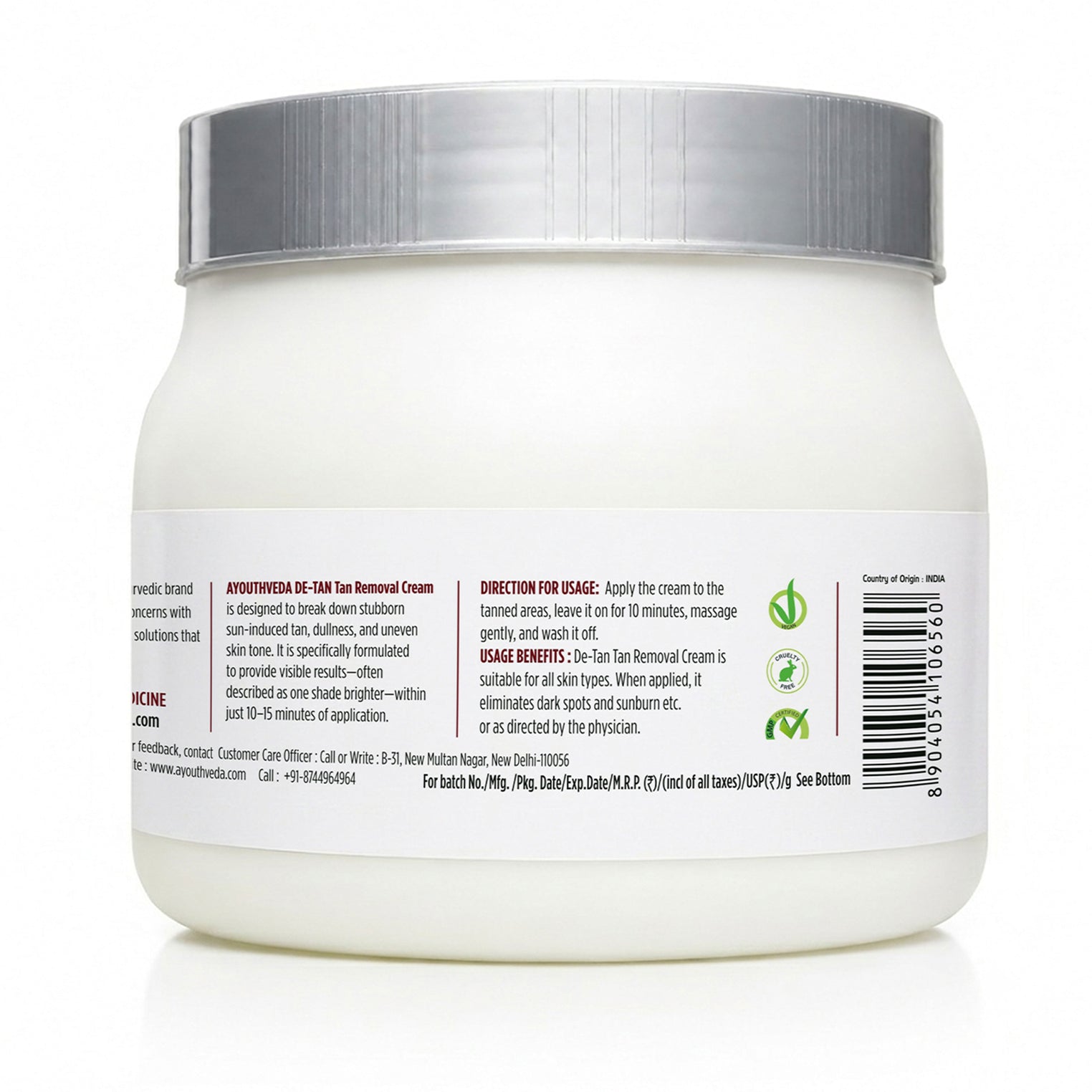 Ayouthveda De-Tan Tan Removal Cream – Kojic Acid, Clove & Peppermint Oil (450g)