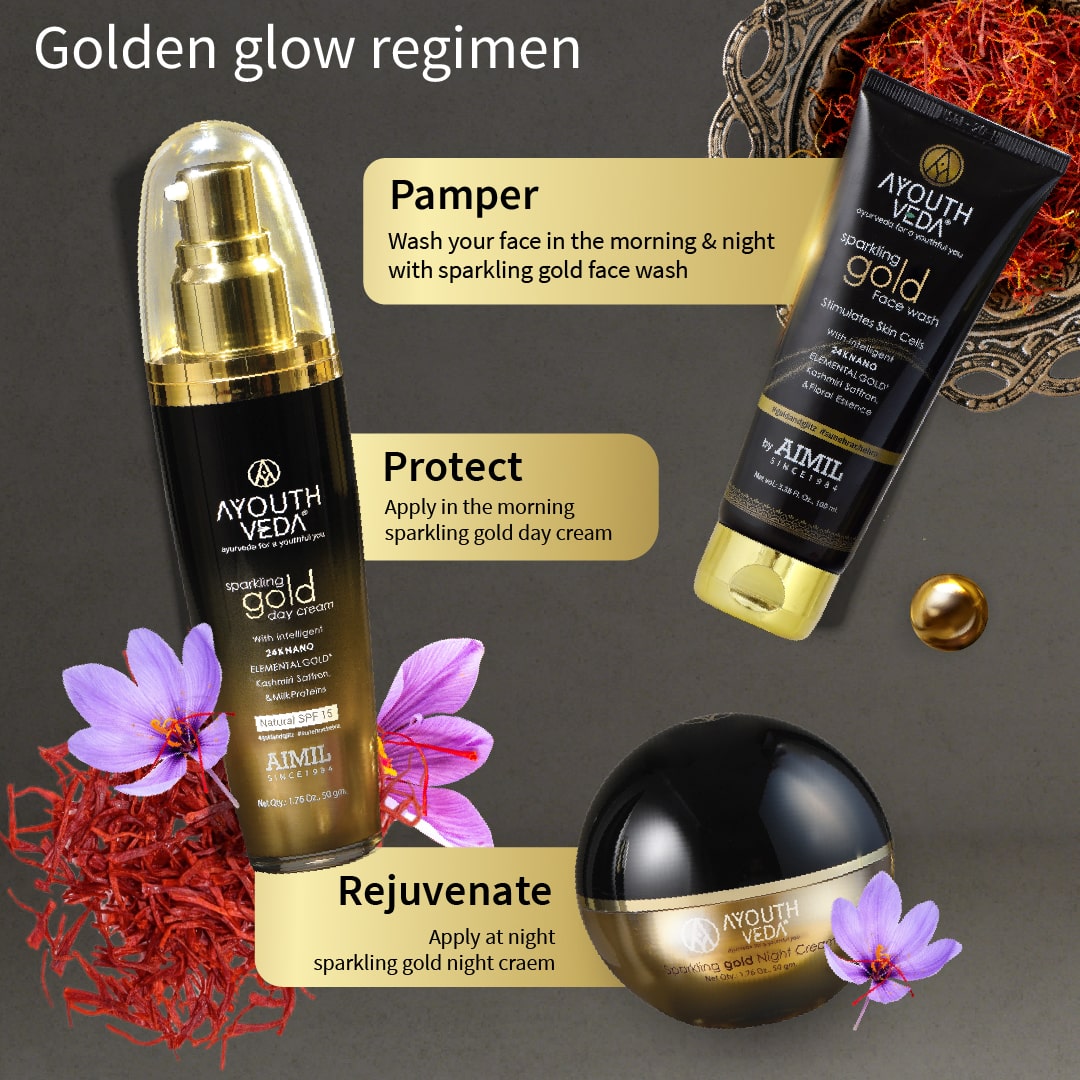 Golden Glow Regimen  Gold face wash-100ml , Gold Day Cream-50g , Gold Night Cream-50g - Ayouthveda