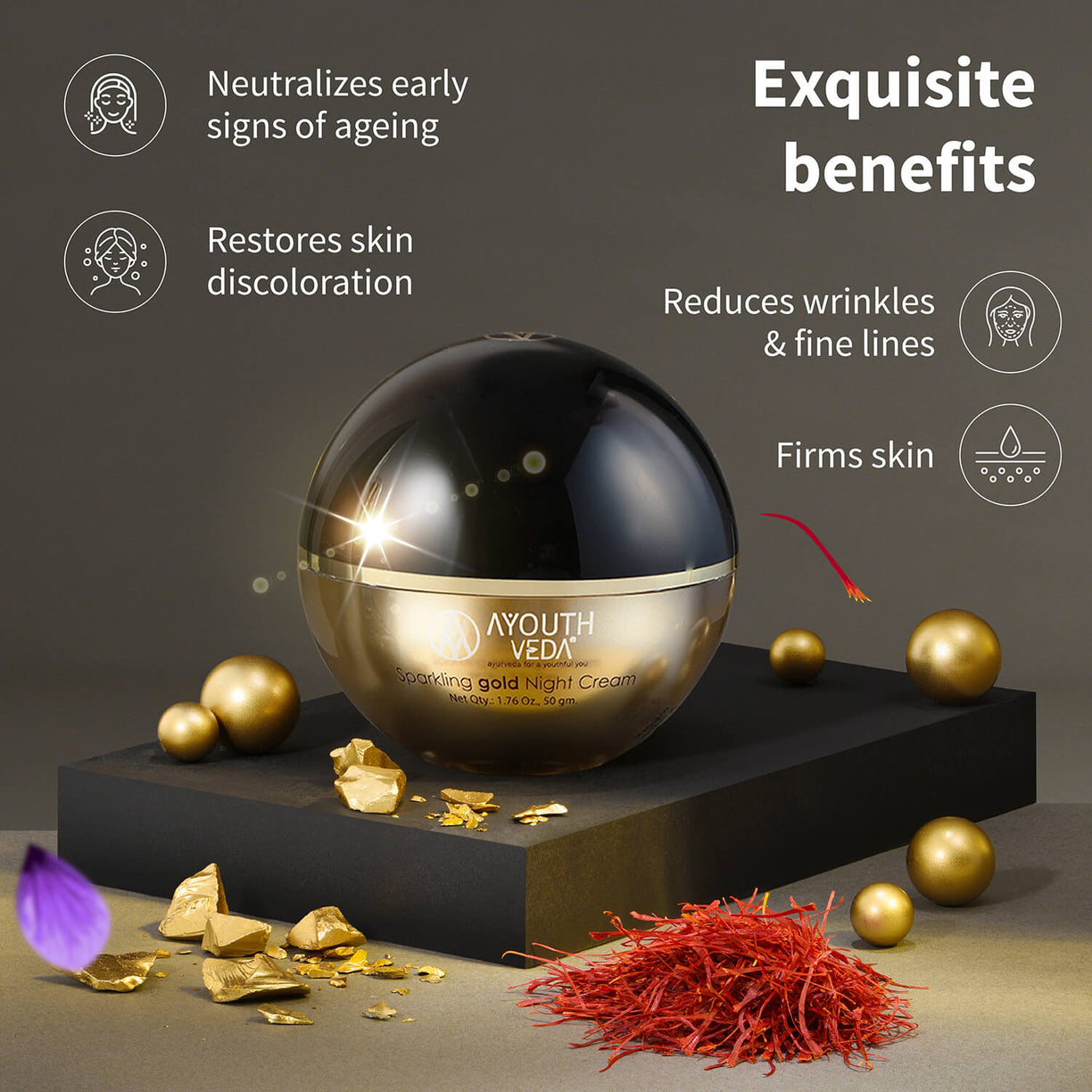 Anti Aging Regimen With 24k Gold & Saffron | Gold face wash 100ml , Day Cream 50g, Night Cream 50g - Ayouthveda