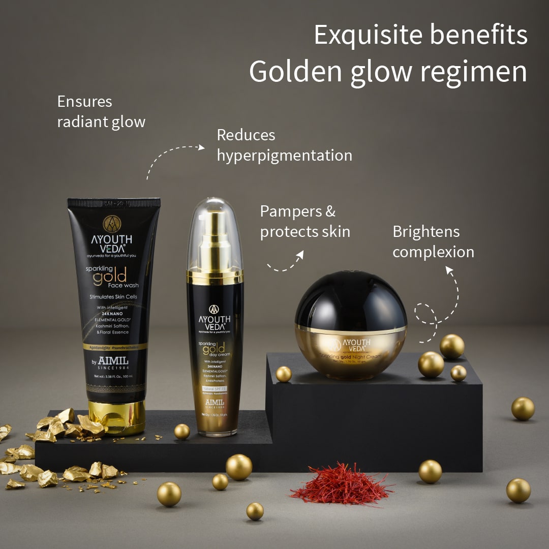 Golden Glow Regimen  Gold face wash-100ml , Gold Day Cream-50g , Gold Night Cream-50g - Ayouthveda